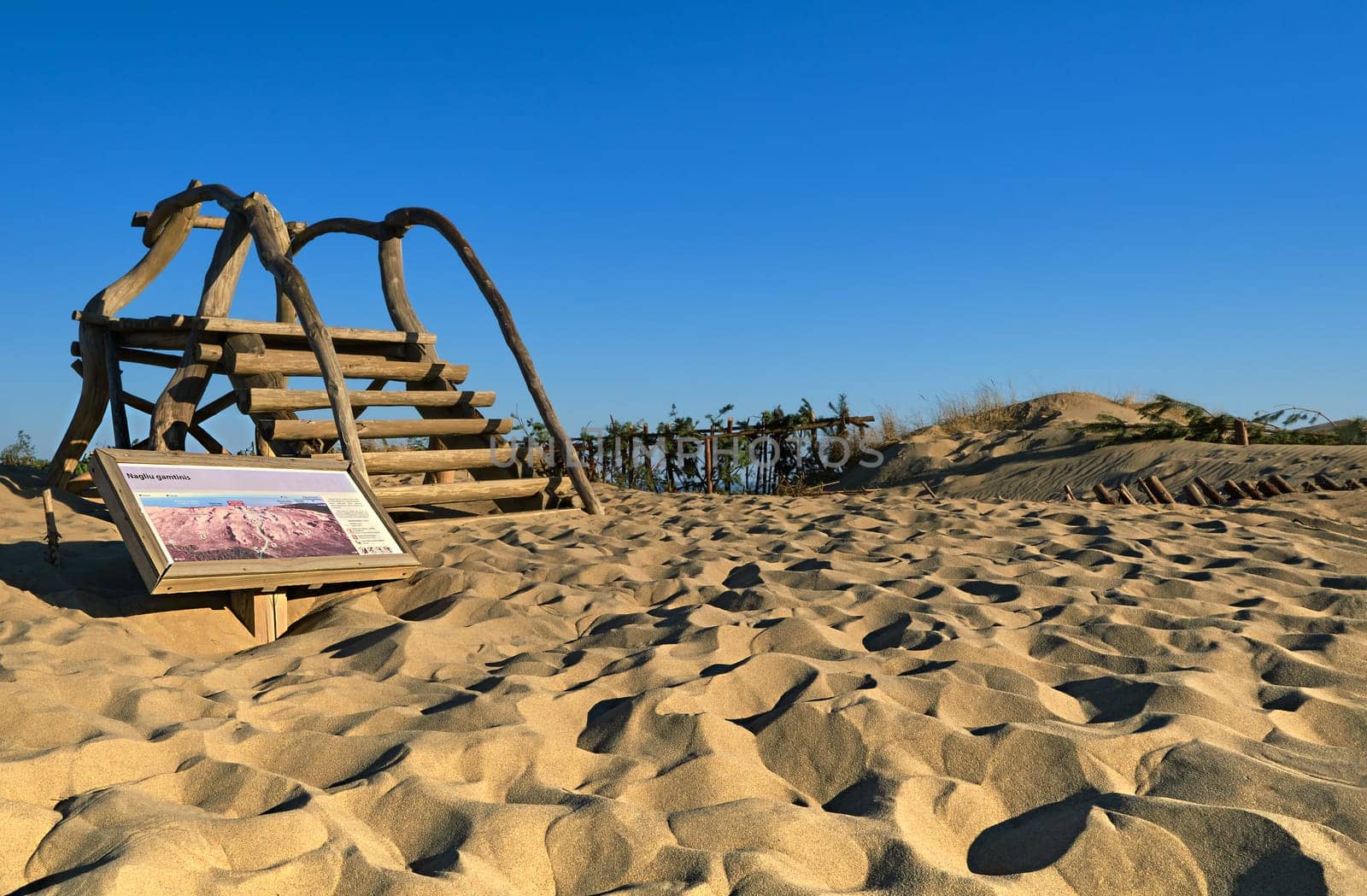 View of nordic dunes, footprints and bushes of Curonian spit, Nida, Klaipeda, Lithuania at sunset on early spring. Ladder and signs swallowed by sands
