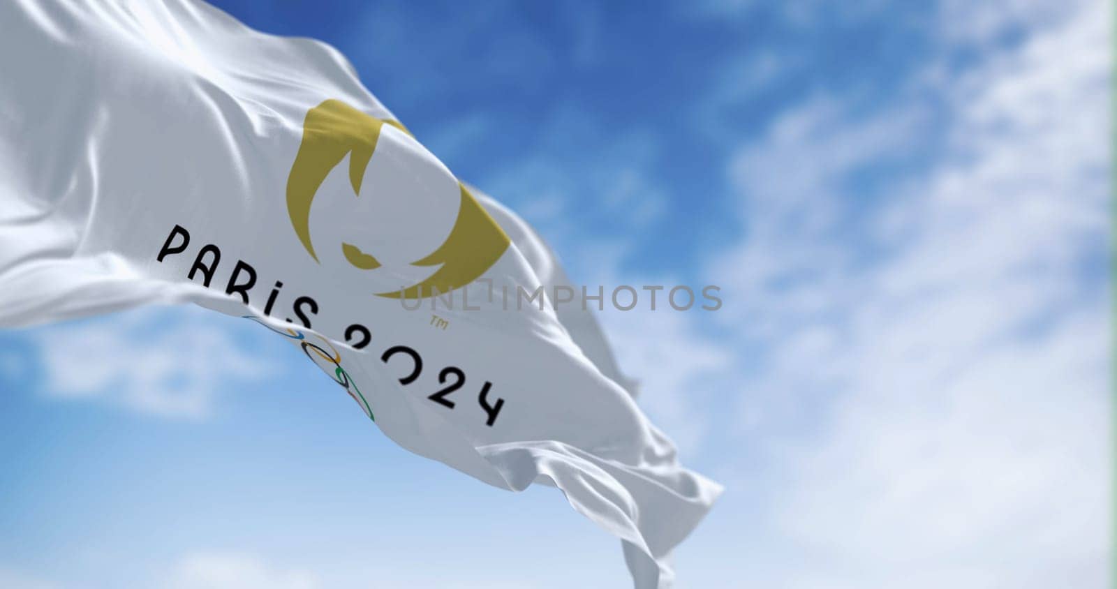 Paris, FR, May 2023: the flag of the Paris 2024 Olympics Games waving in the wind. Upcoming international sporting event. Illustrative editorial 3d illustration render. Selective focus