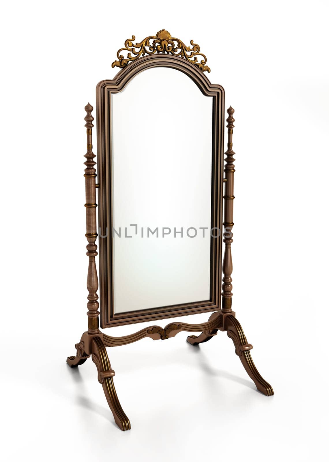 Vintage framed full length floor mirror. 3D illustration.