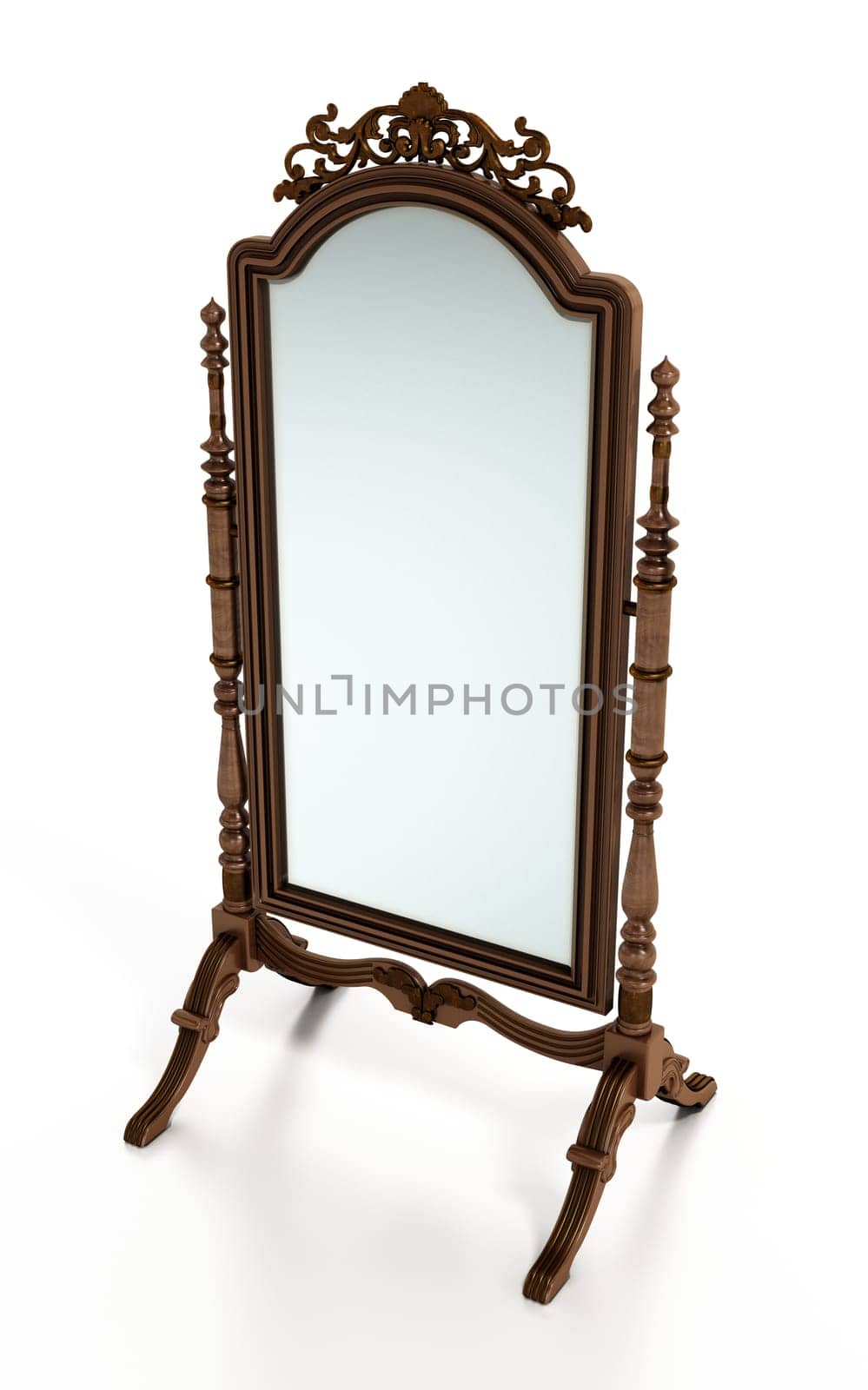 Vintage framed full length floor mirror. 3D illustration.
