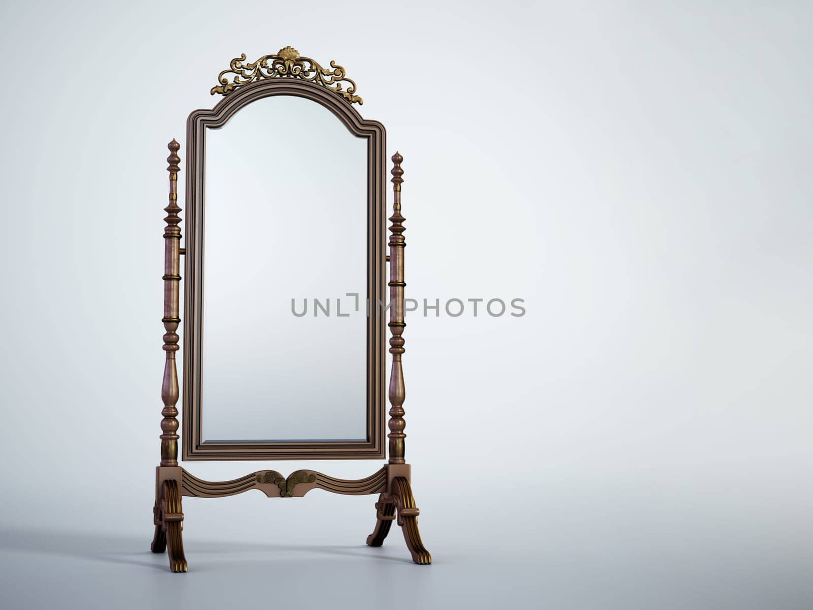 Vintage framed full lenght floor mirror. 3D illustration.
