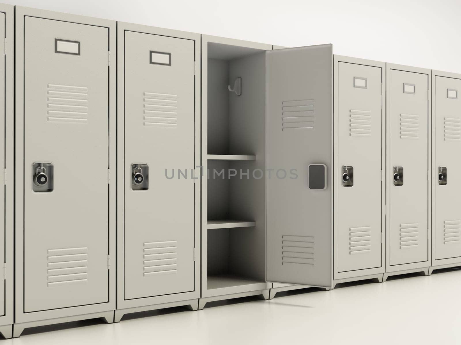 Metal locker storage cabinets for school, fitness club or gym isolated on white background. 3D illustration.