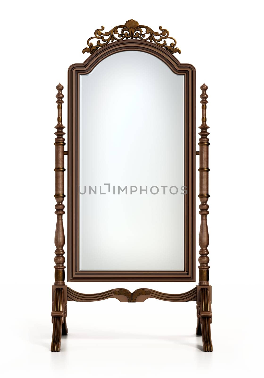 Vintage framed full length floor mirror. 3D illustration.