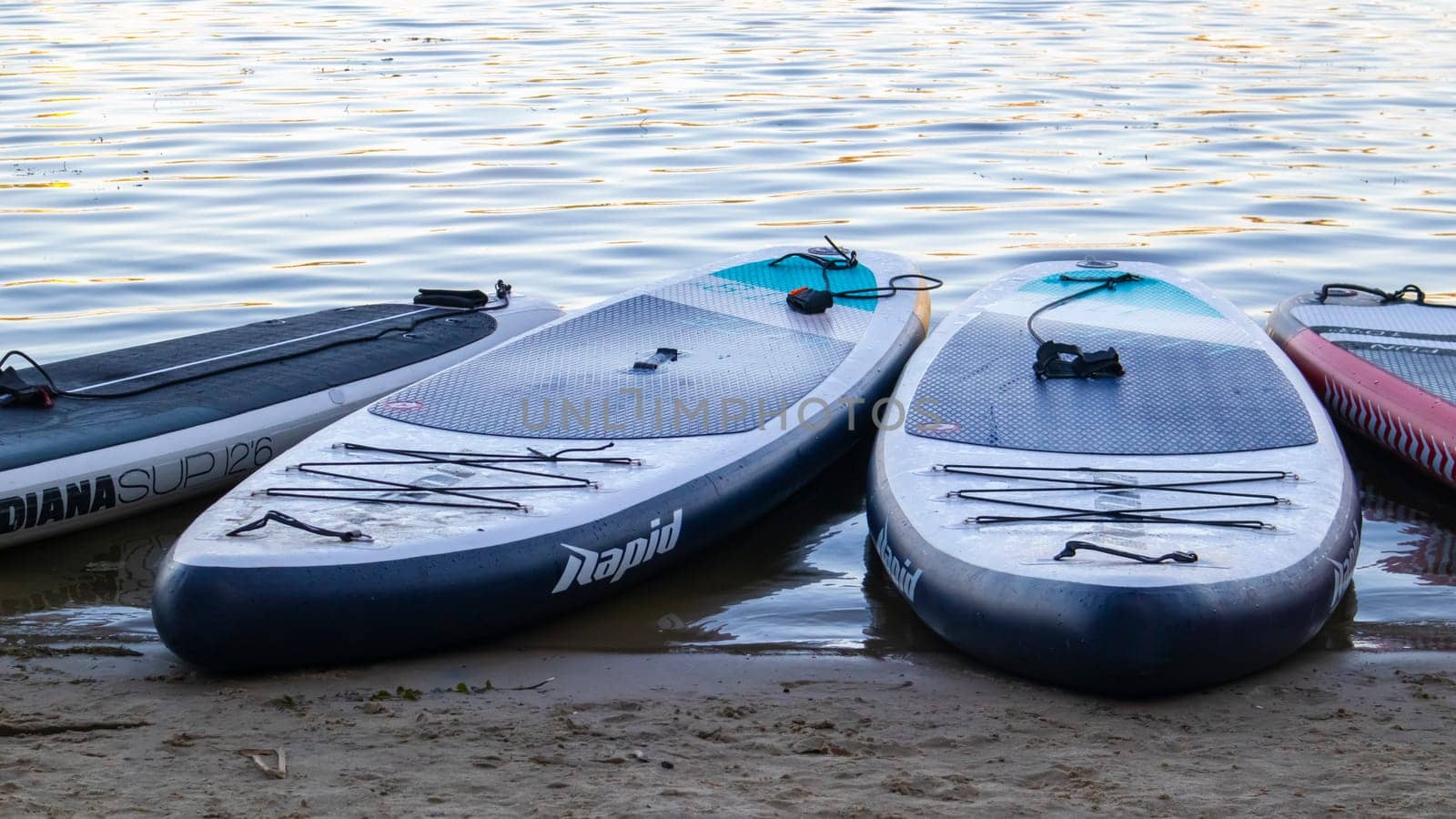 Empty SUP boards sway on the waves on a calm river or lake. Water sports. Lots of boards at the rental shop, the sun reflecting off the ripples of the water. Panning. Ukraine, Kyiv - August 07, 2022