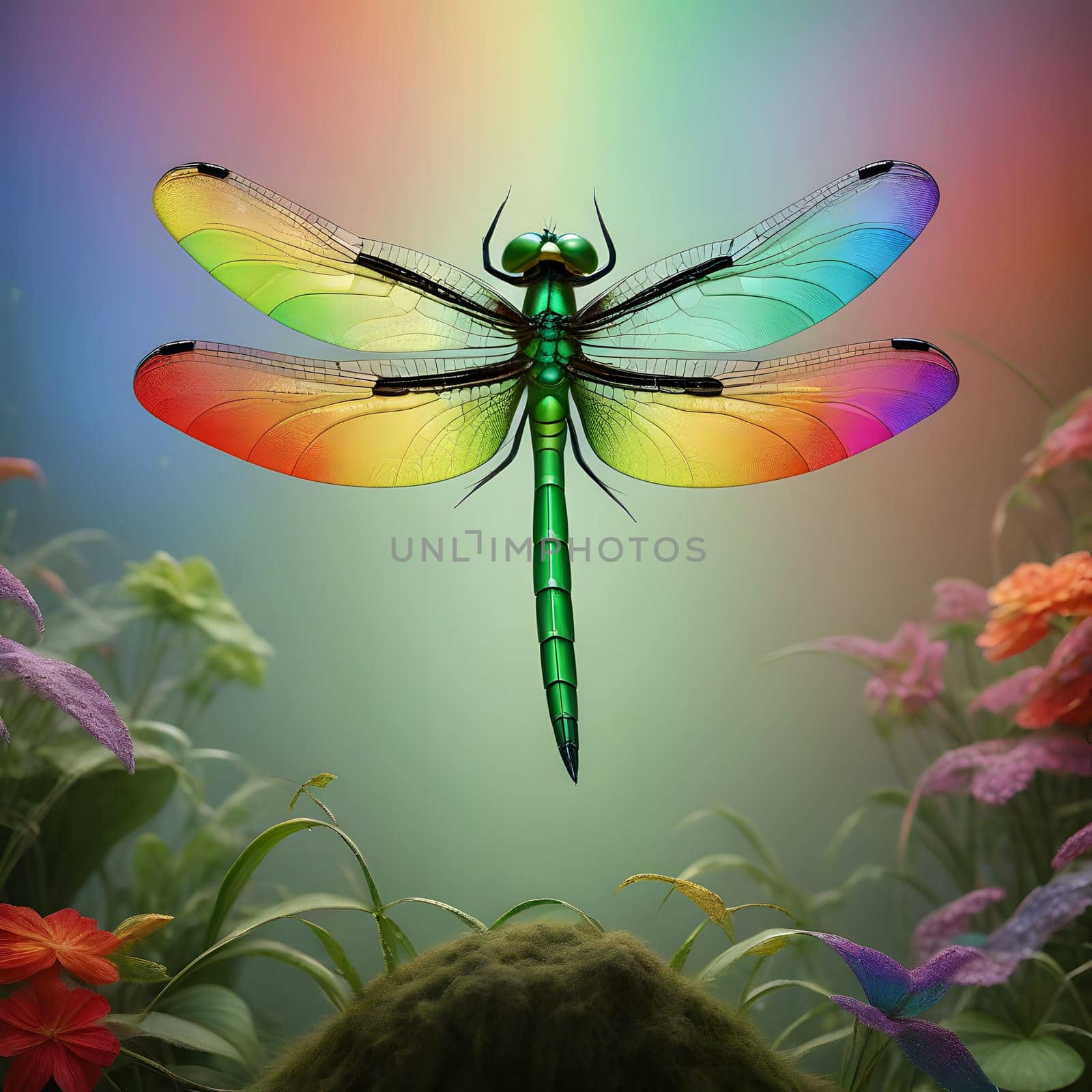 Beautiful dragonfly sits in the garden and sunbathes