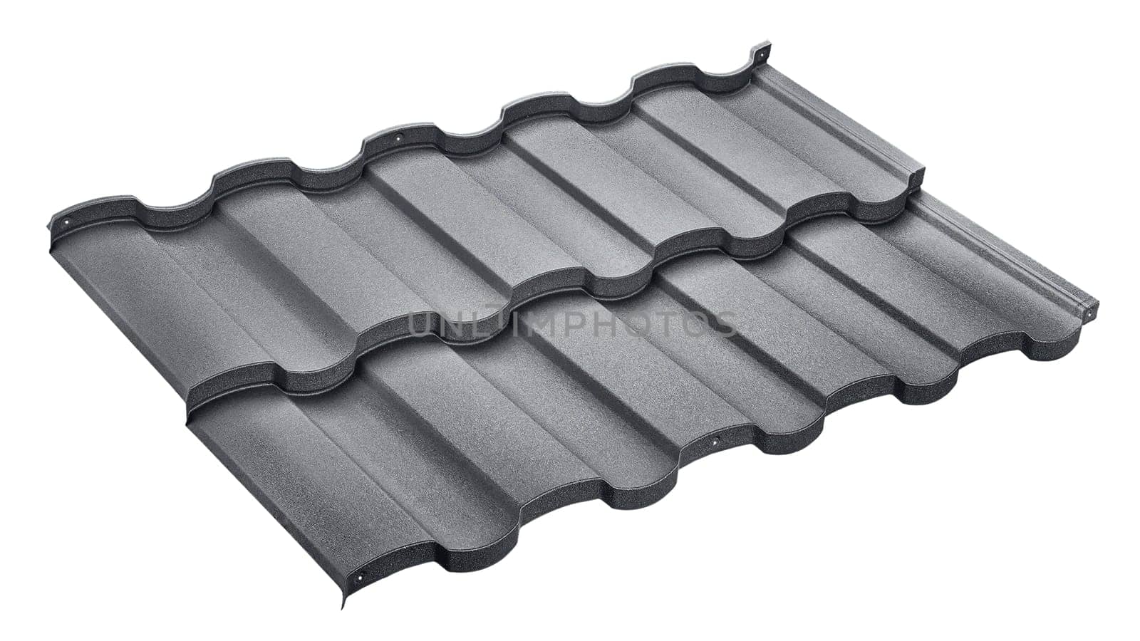Modular tile effect roof panel. Lightweight gray steel roofing sheet isolated on white background. Traditional metal shingle tiles. Popular profiled metallic pantile mimic clay or concrete slate