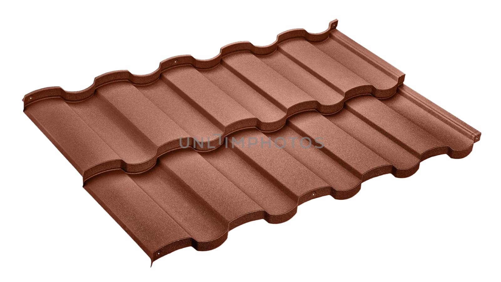 Modular tile effect roof panel. Lightweight red steel roofing sheet isolated on white background. Traditional metal shingle tiles. Popular profiled metallic pantile mimic clay or concrete slate