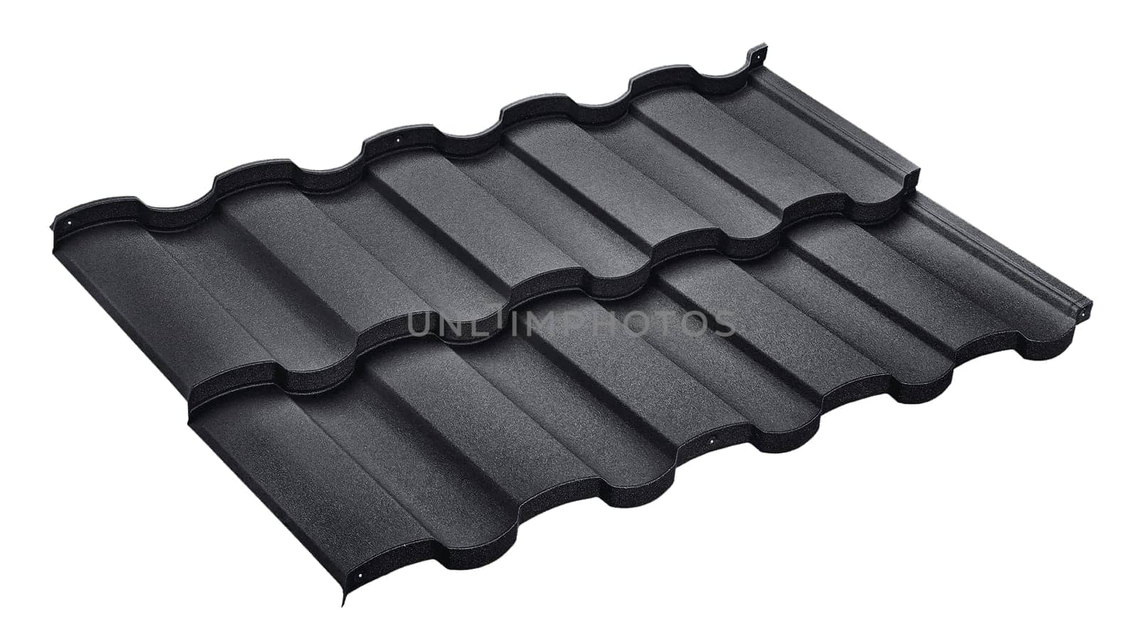 Modular tile effect roof panel. Lightweight black steel roofing sheet isolated on white background. Traditional metal shingle tiles. Popular profiled metallic pantile mimic clay or concrete slate