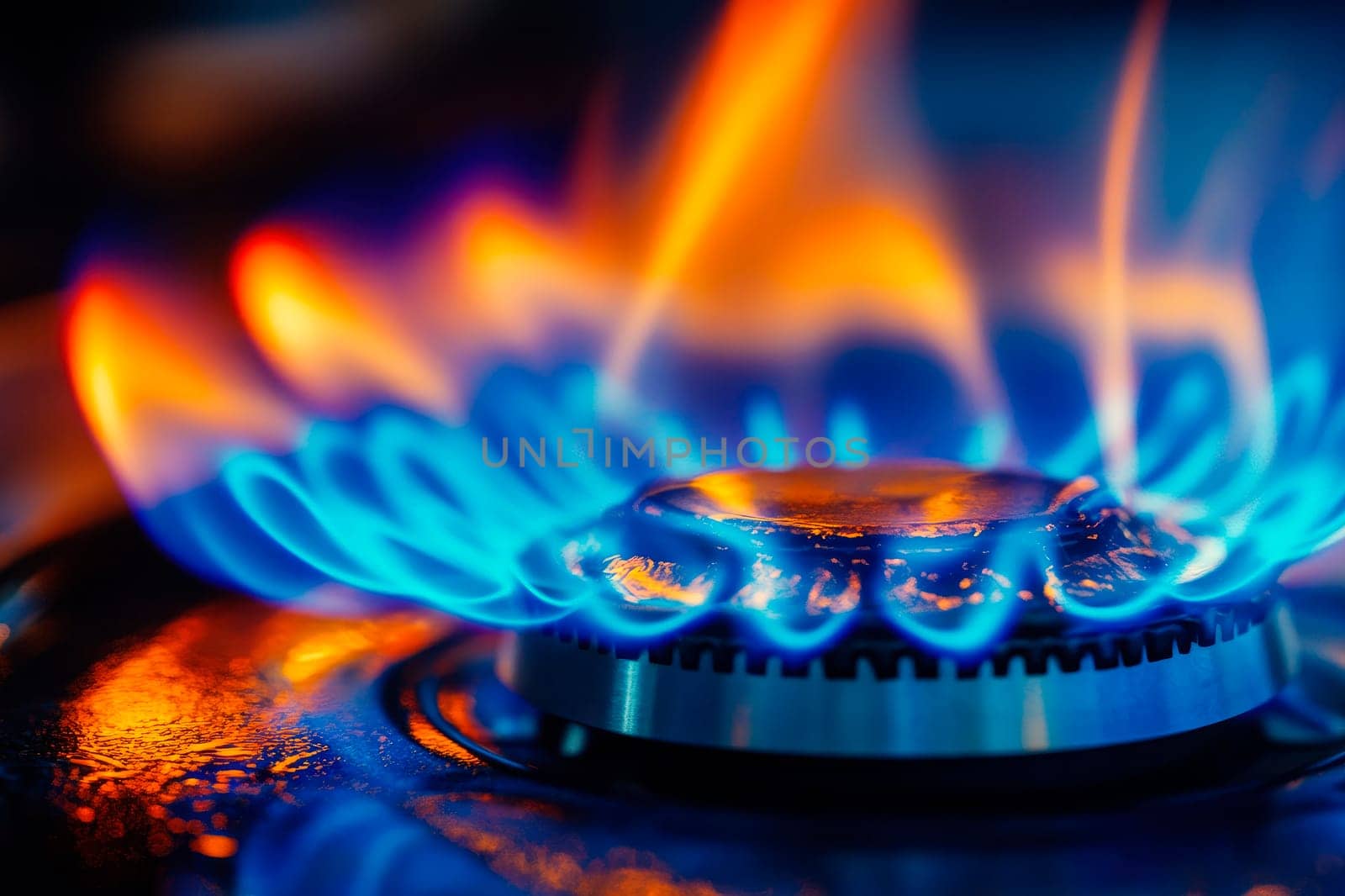 Closeup of flame gas nozzle on a stove , highlighting its vibrant blue and orange color. AI generated