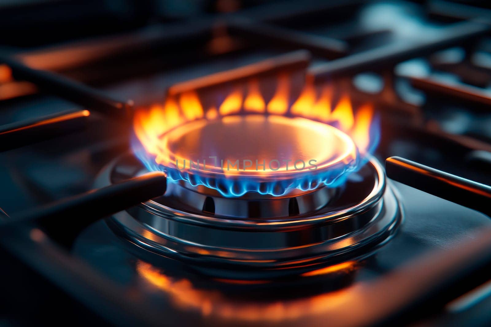 A flame on a gas stove, highlighting its vibrant blue and orange color. AI generated