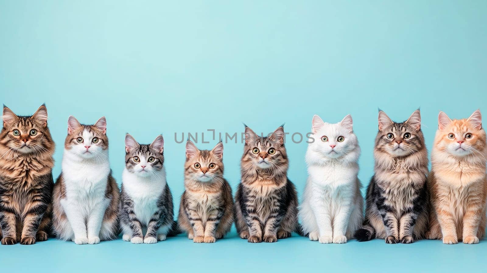 Various cats group sitting on a blue background. AI generated