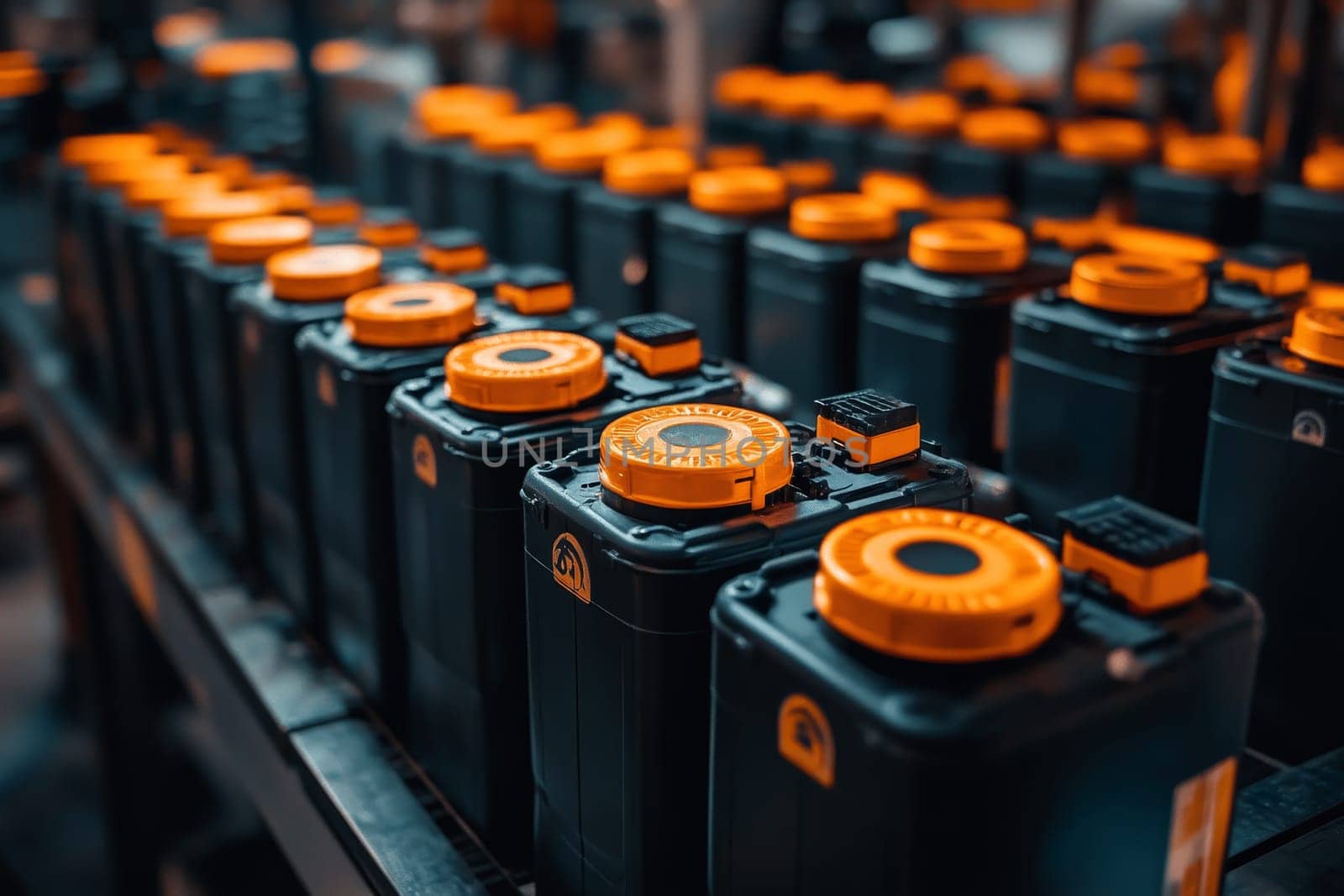 Rows of black industrial batteries with distinctive orange tops on assembly line