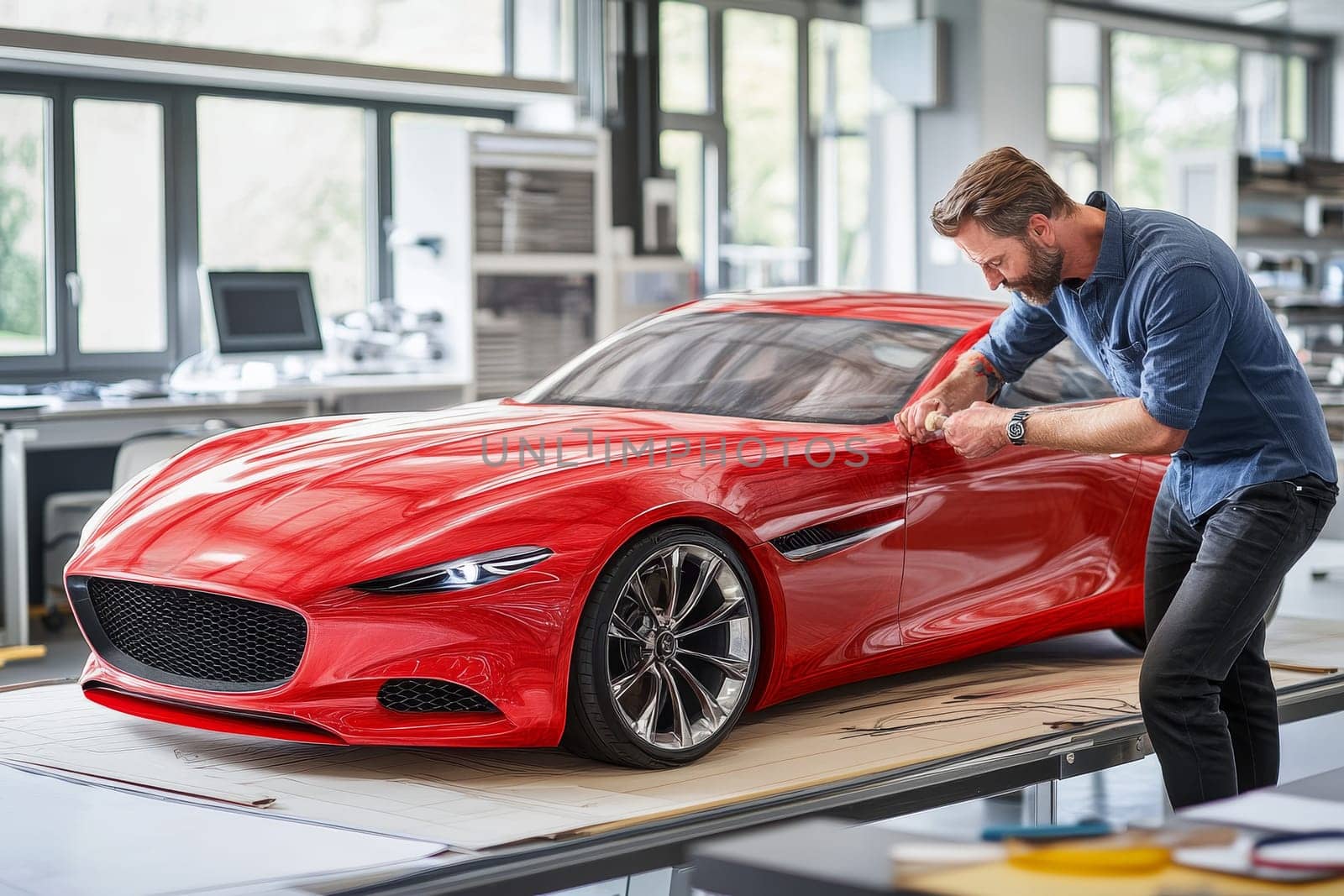 Man in blue shirt carefully shapes red concept vehicle prototype in bright studio setting