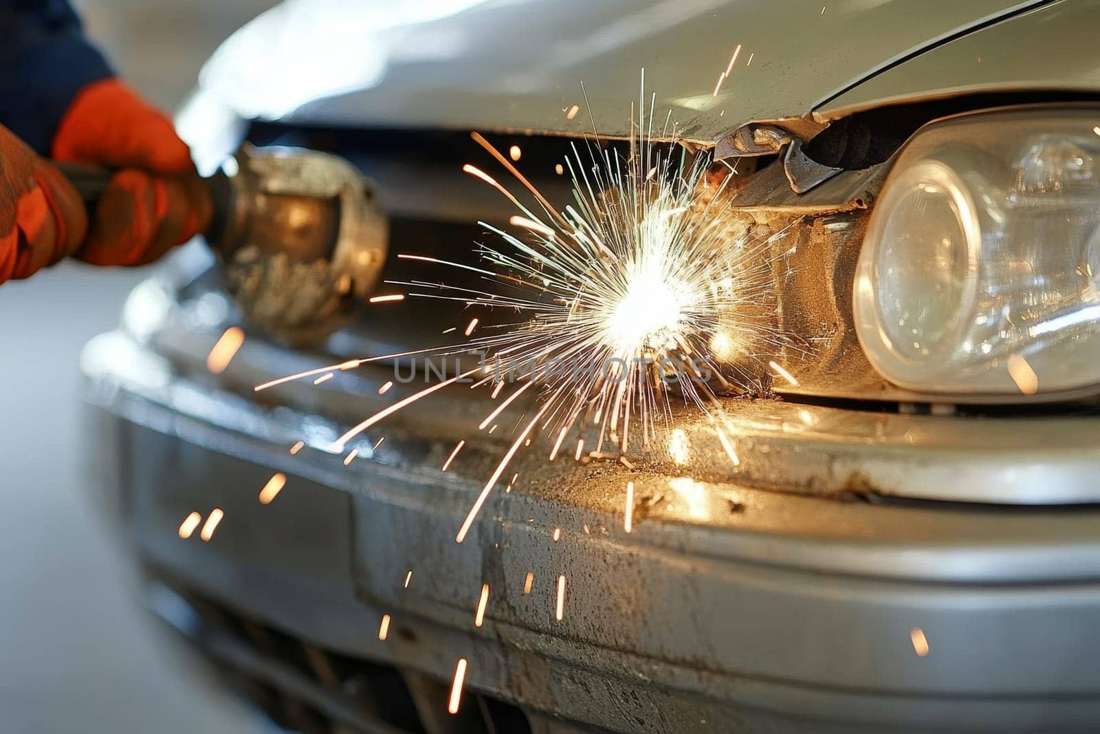Close-up of sparks flying during automotive body repair, with a gloved hand holding a grinding tool