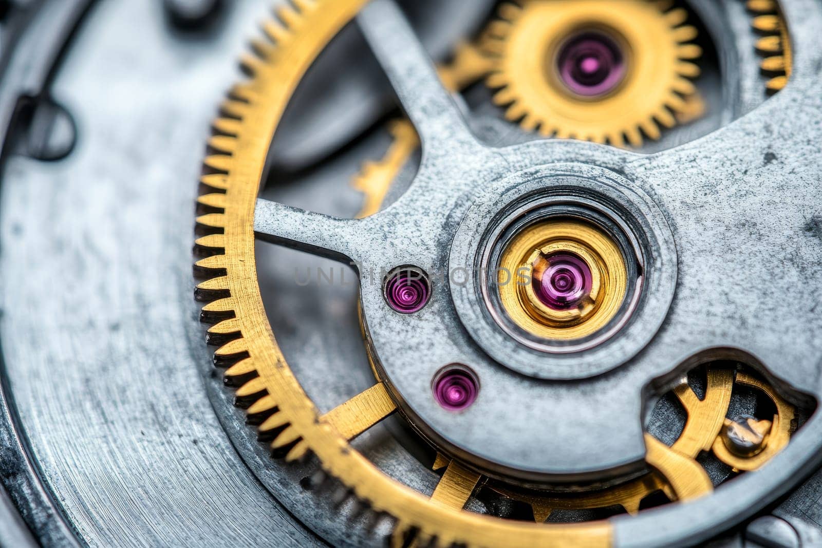 Macro shot of a watch mechanism showing intricate gears, jewels, and metallic components