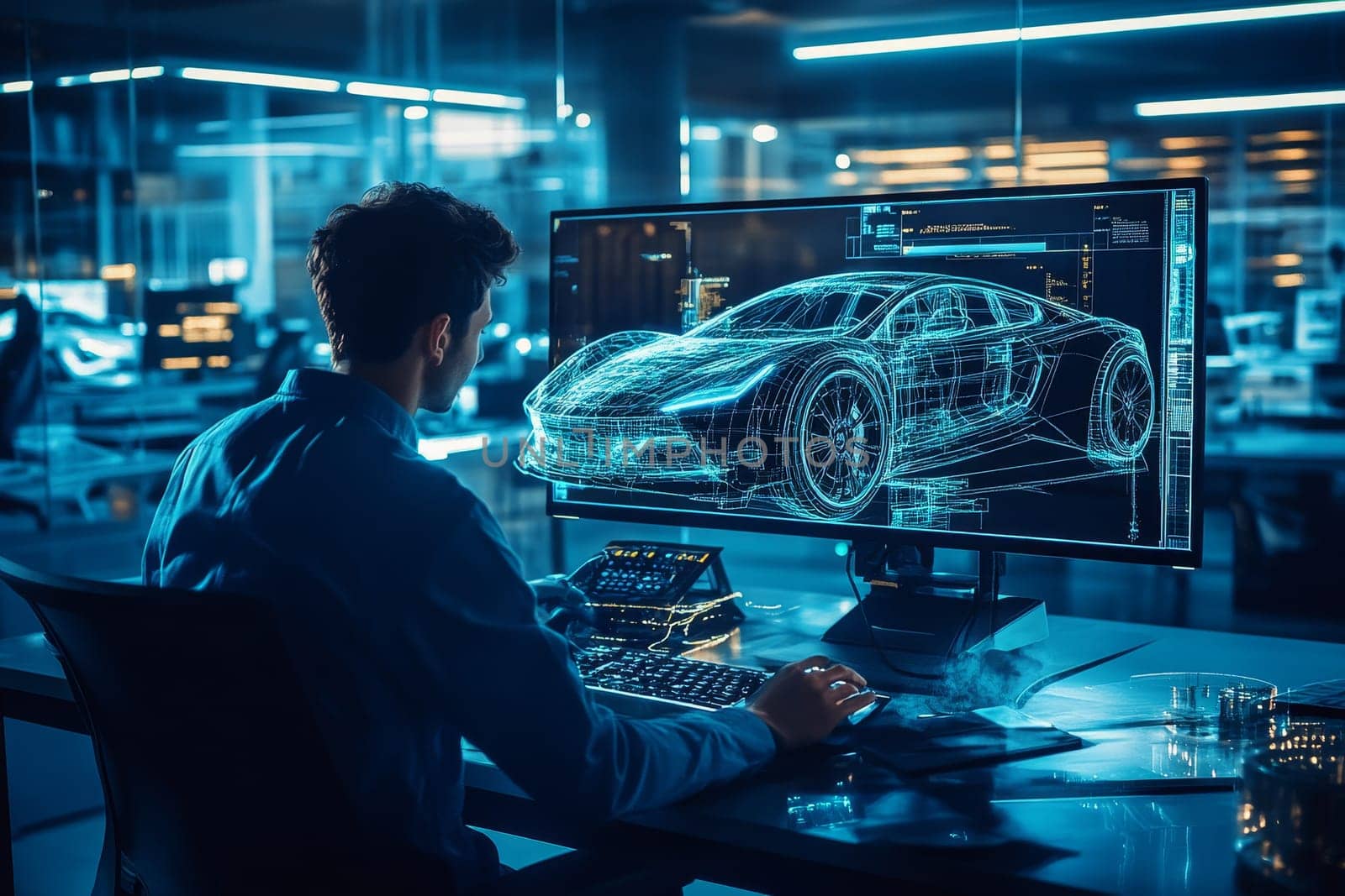 Professional working on digital sports car blueprint in high-tech office
