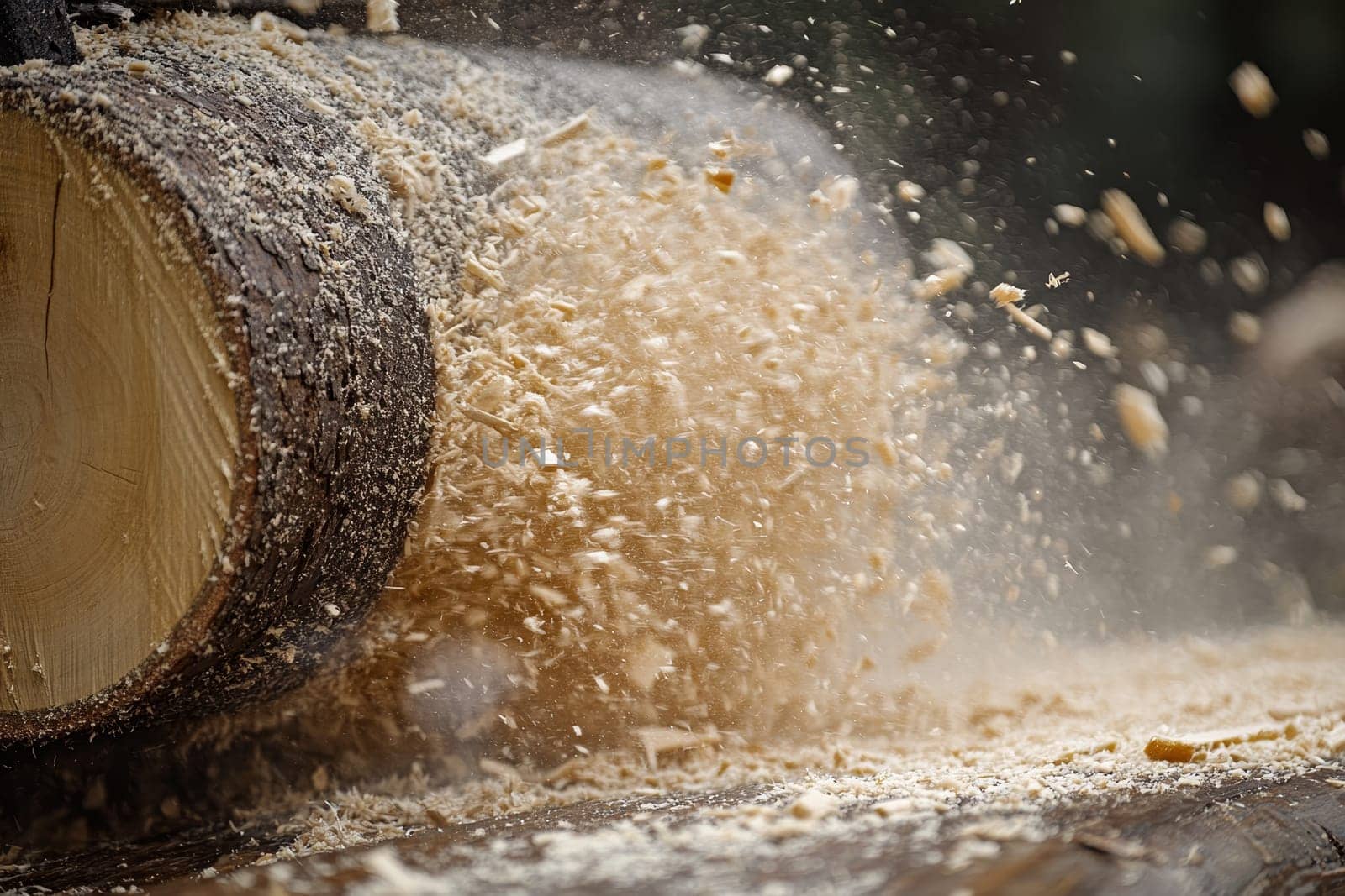 Close-up of sawdust exploding from a freshly cut log, showing the dynamic nature of woodworking