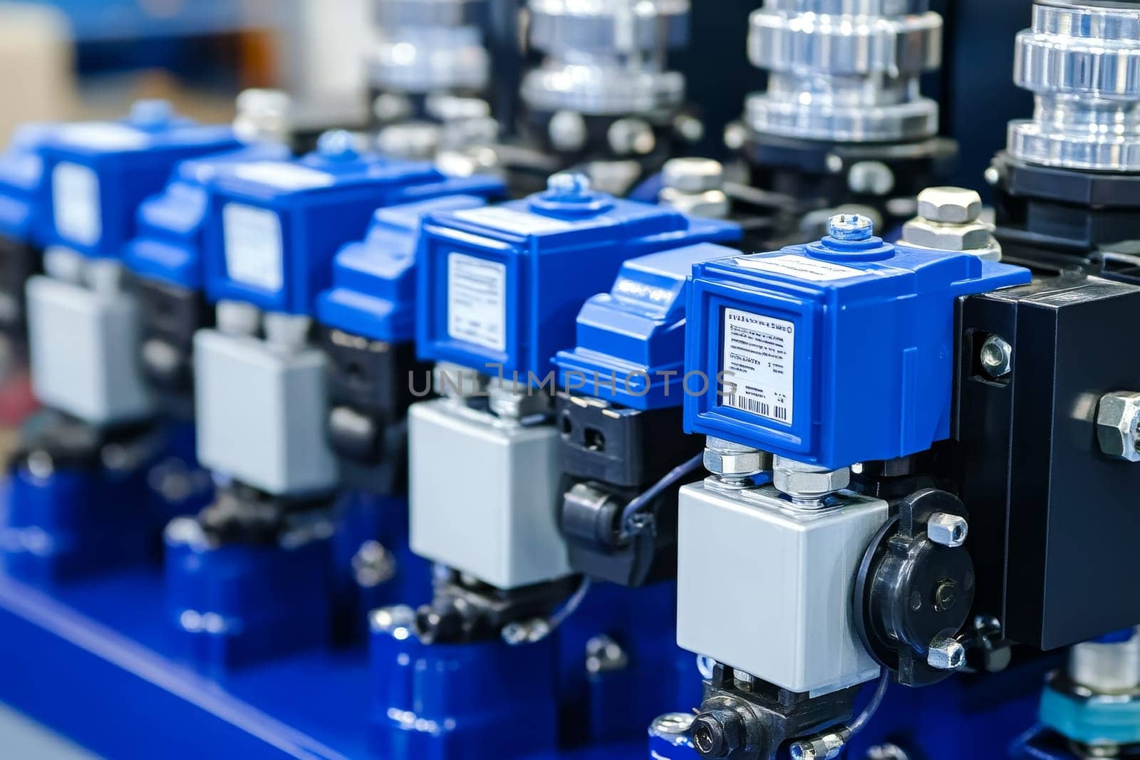 Close-up of blue industrial valve actuators with digital displays in a manufacturing setting