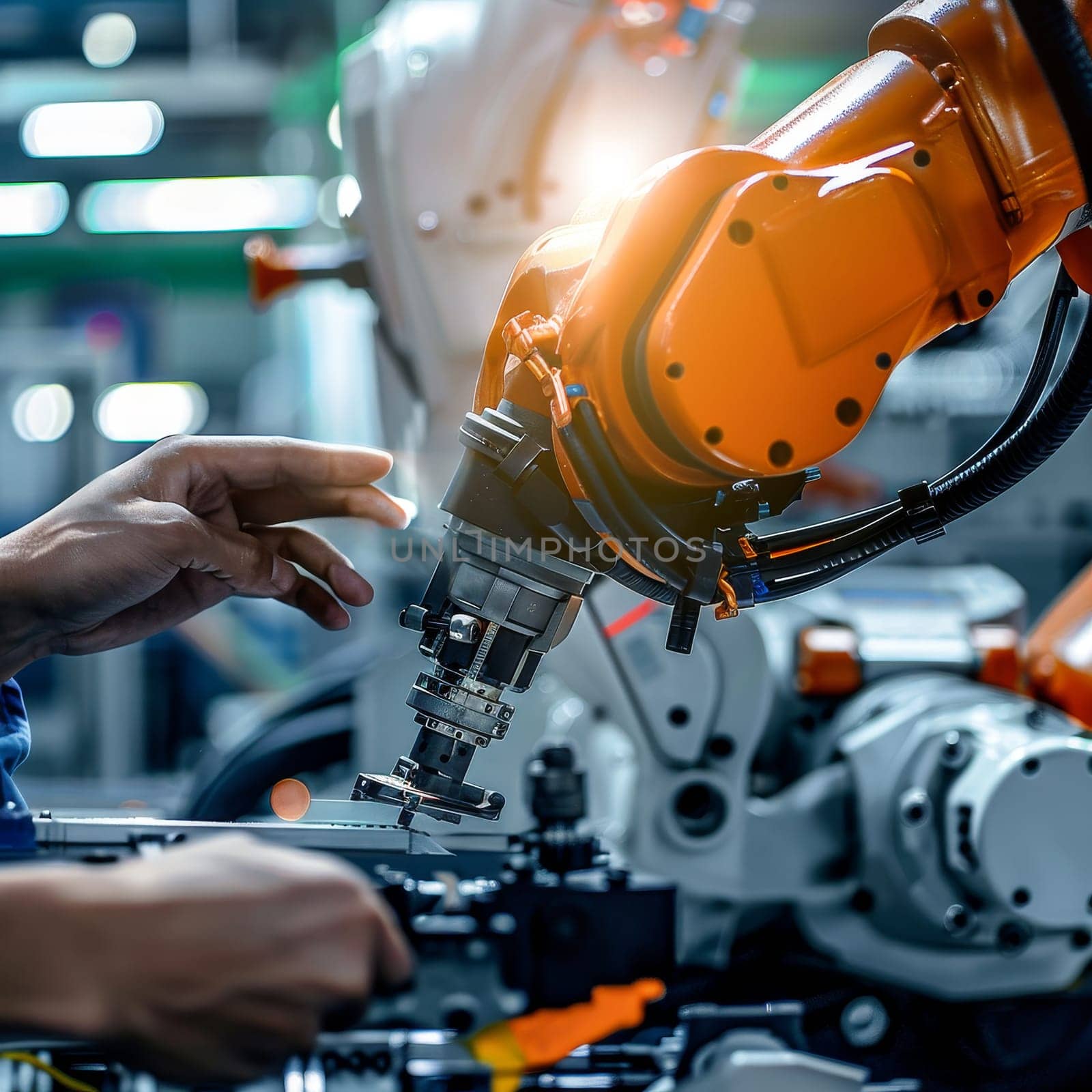 Close-up of a human hand reaching towards an orange robotic arm in an industrial setting, demonstrating human-machine interaction