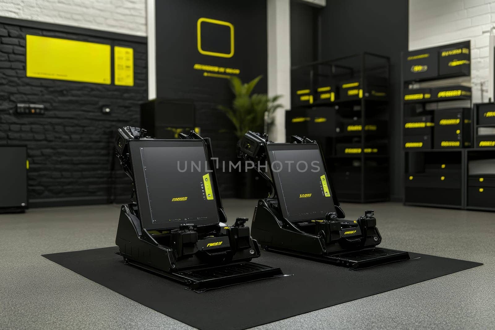 Advanced gaming equipment for virtual racing in sleek black and yellow room