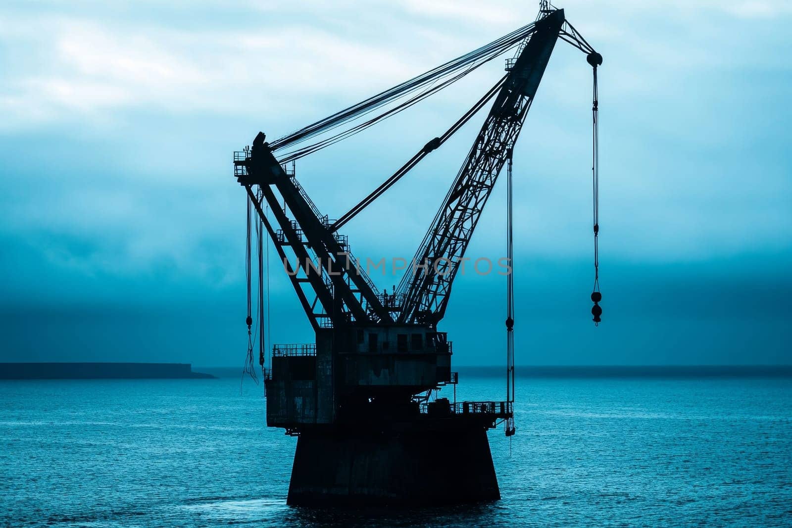 Silhouette of an offshore crane against a tranquil blue sea and sky at dusk, creating a serene industrial scene