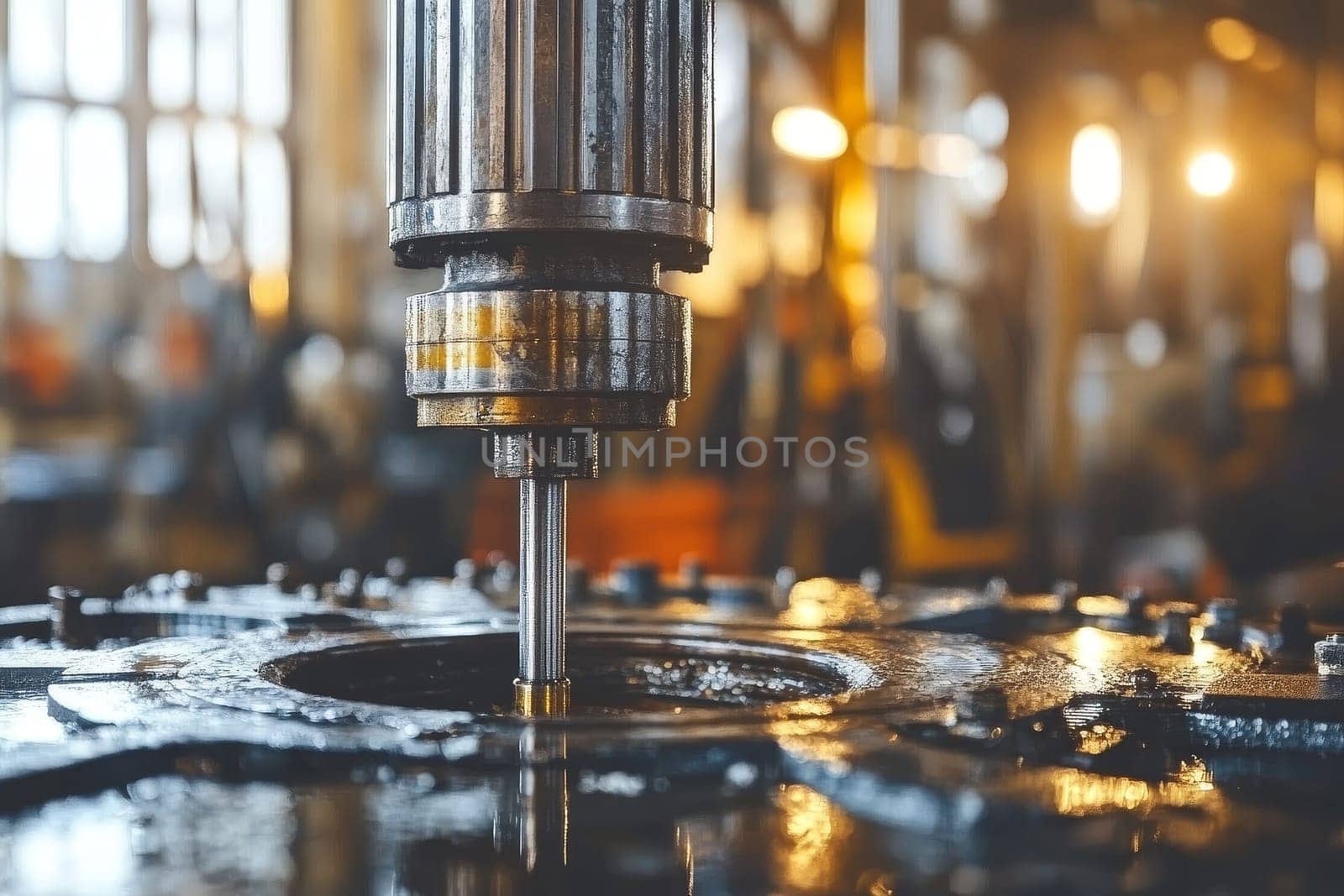 Close-up of a metal drill bit in action, surrounded by machinery in a brightly lit industrial workshop