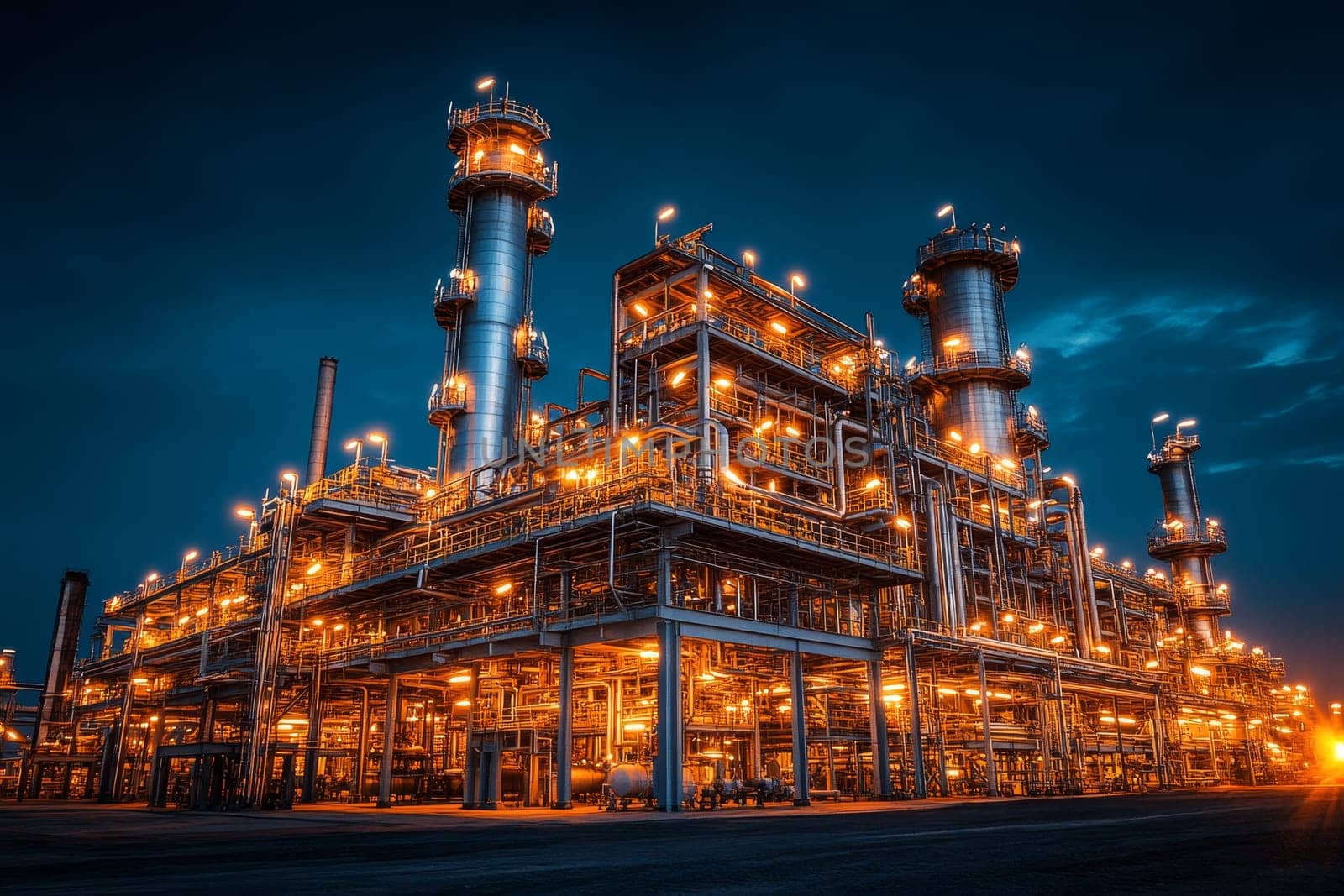 Brightly lit petrochemical plant with complex structures against dark sky