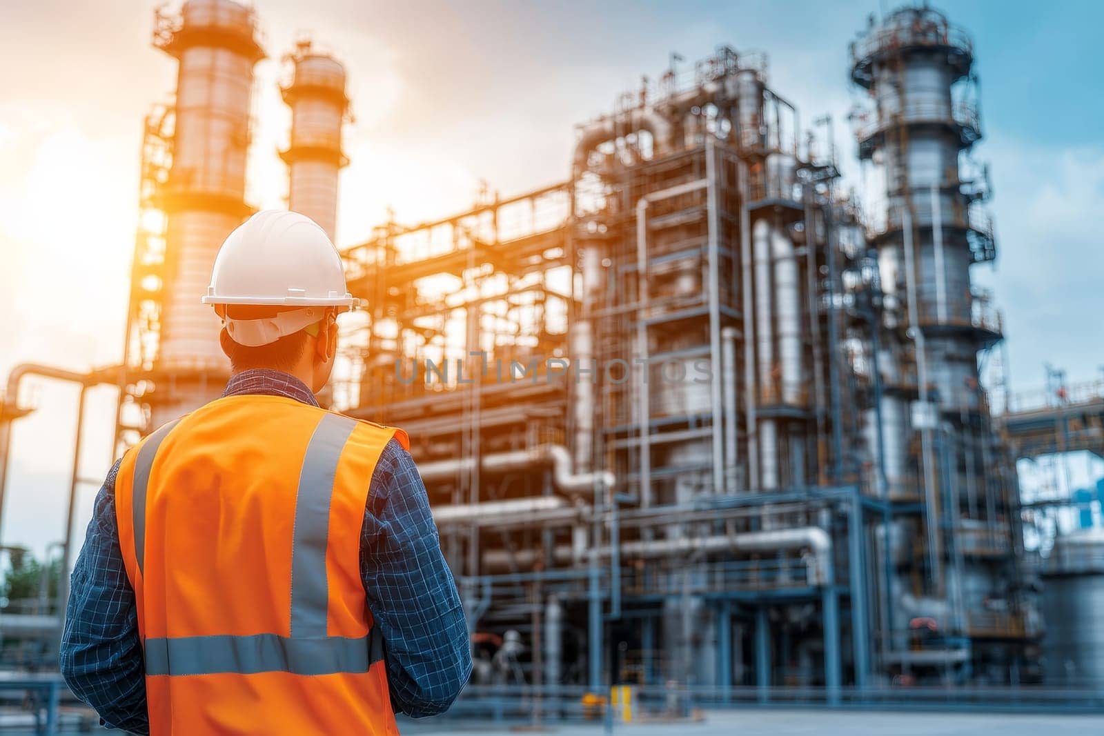 Rear view of engineer in safety vest and hard hat observing oil refinery complex at golden hour