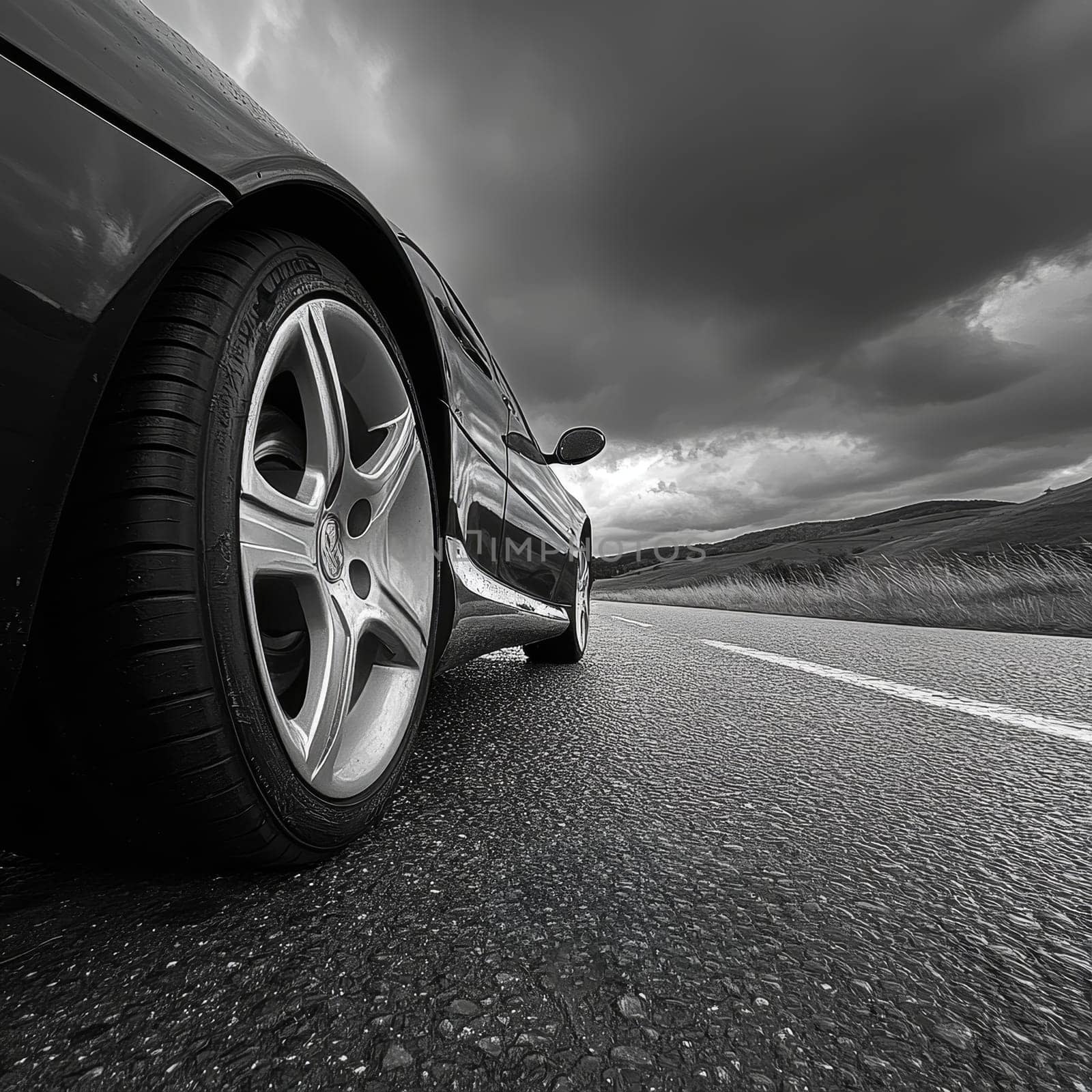 Low-angle view of a luxury sports car on an empty highway with dramatic stormy sky, conveying power and adventure
