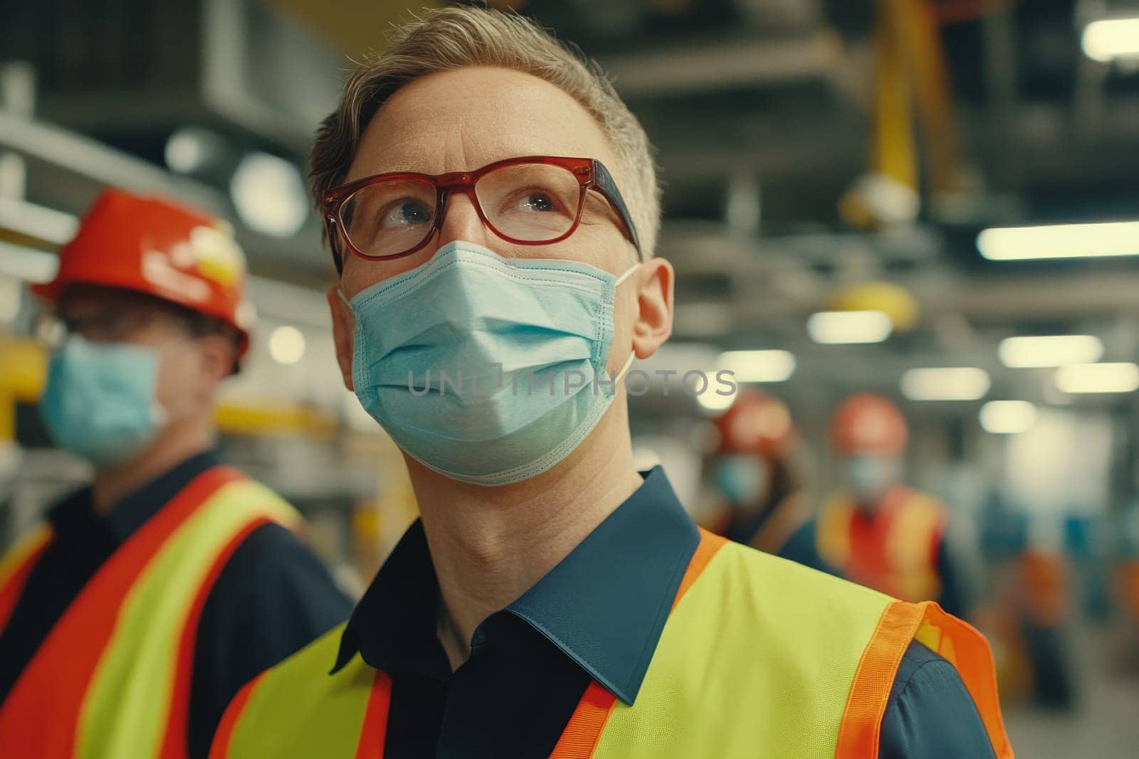 Close-up of an industrial worker wearing a protective face mask and safety glasses, with colleagues in the background