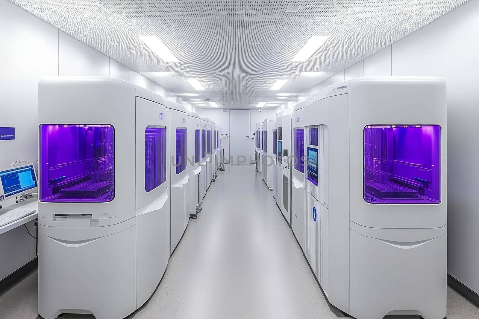 Rows of white 3D printing machines with purple-lit interiors in a clean, modern laboratory setting, representing cutting-edge manufacturing technology