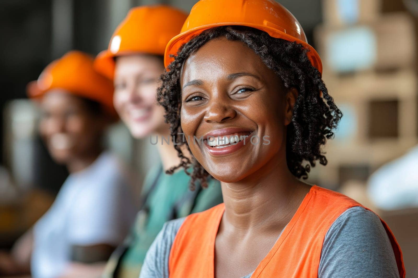 Smiling African American woman wearing orange safety vest and hard hat at a construction site, portraying workplace diversity