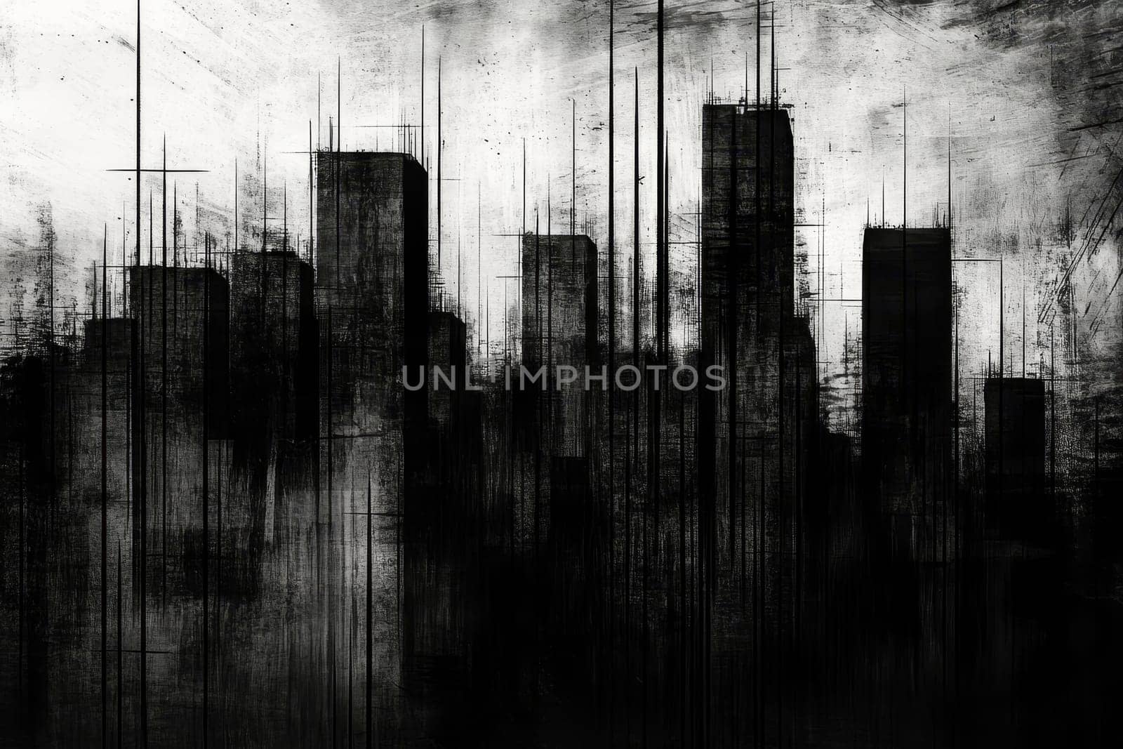Grungy black and white abstract representation of city skyline with vertical lines