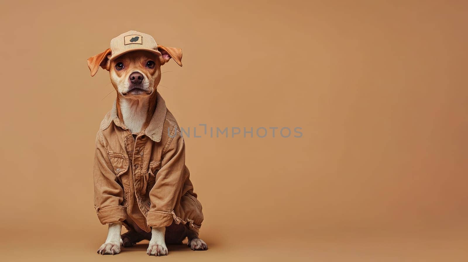 Cute dog wearing cap and brown jacket, copy space. AI generated