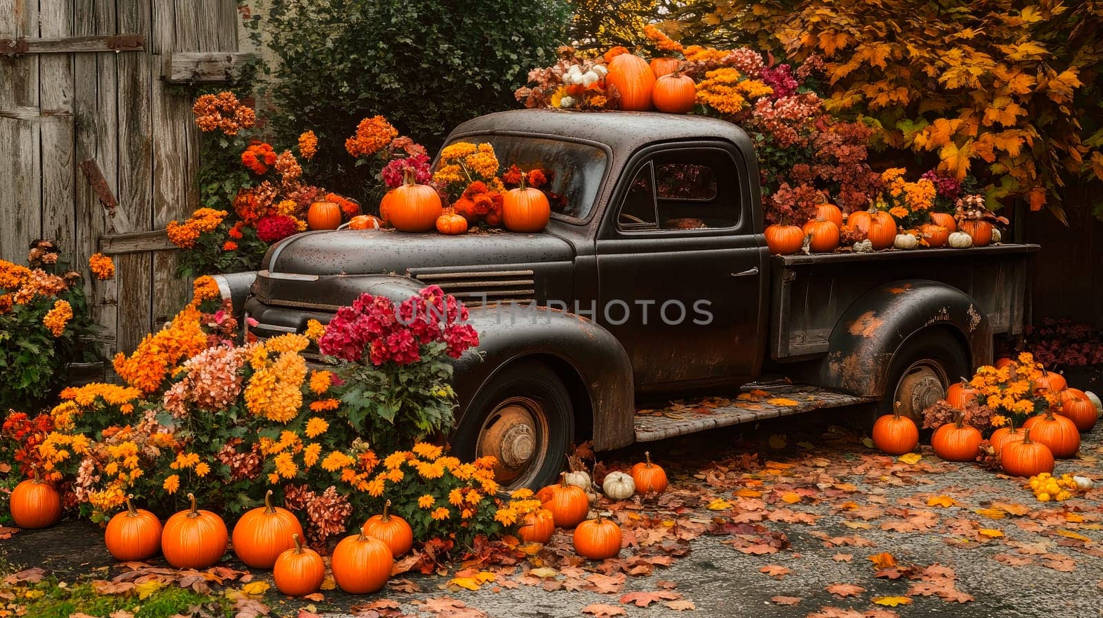 Halloween theme, front side view of a vintage pickup truck adorned with a lot of pumpkins and autumn decorations. AI generated