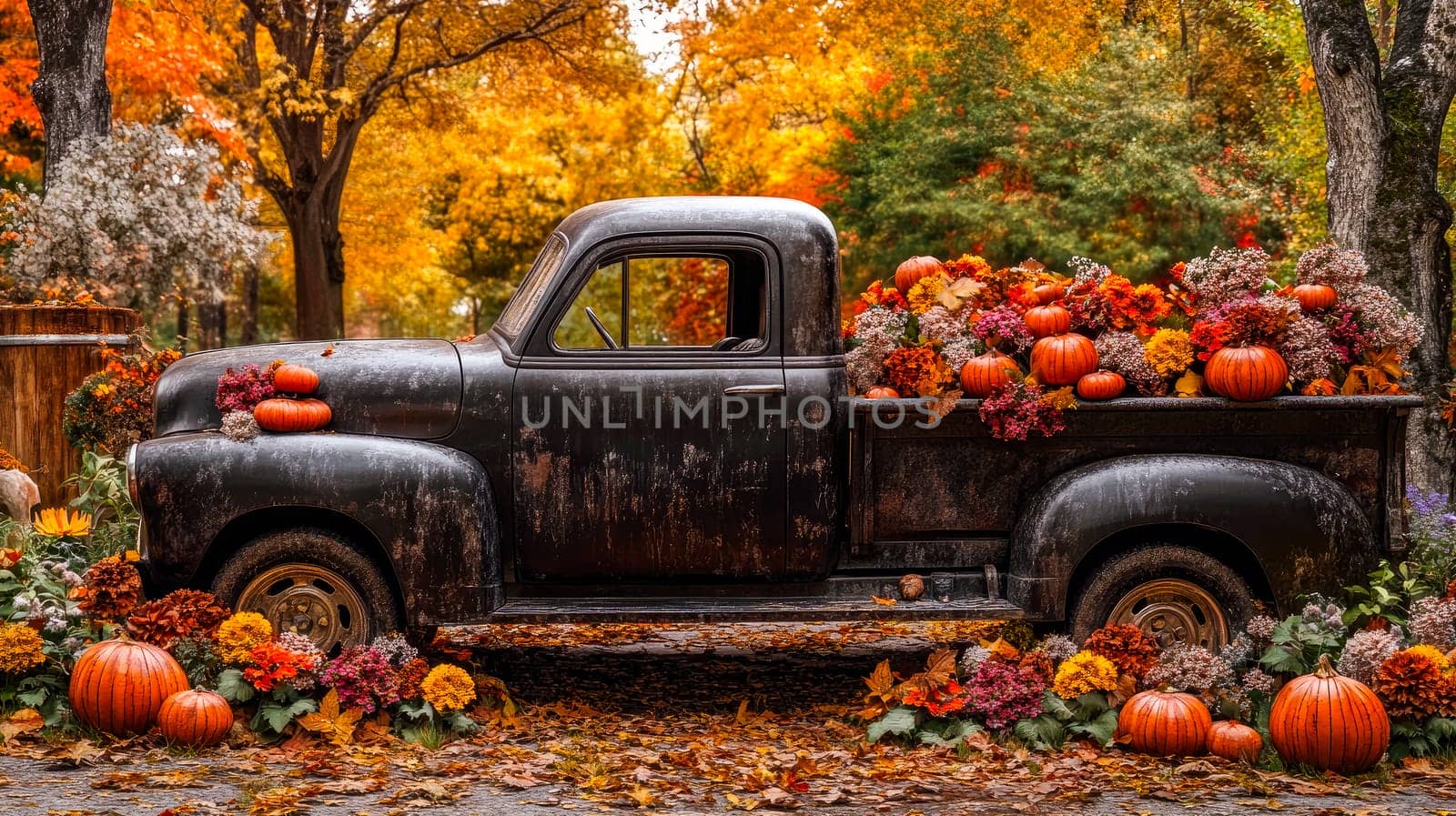 Halloween theme, side view of a black vintage pickup truck adorned with a lot of pumpkins and autumn decorations. AI generated