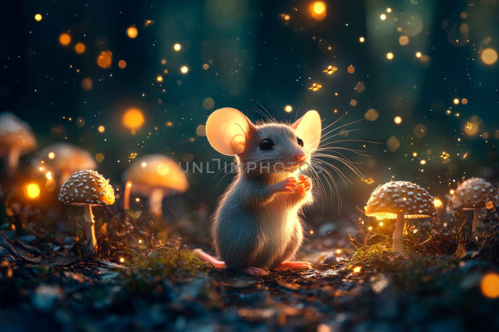 A tiny mouse in the magic woods with a fireflies and glowing mushrooms. AI generated