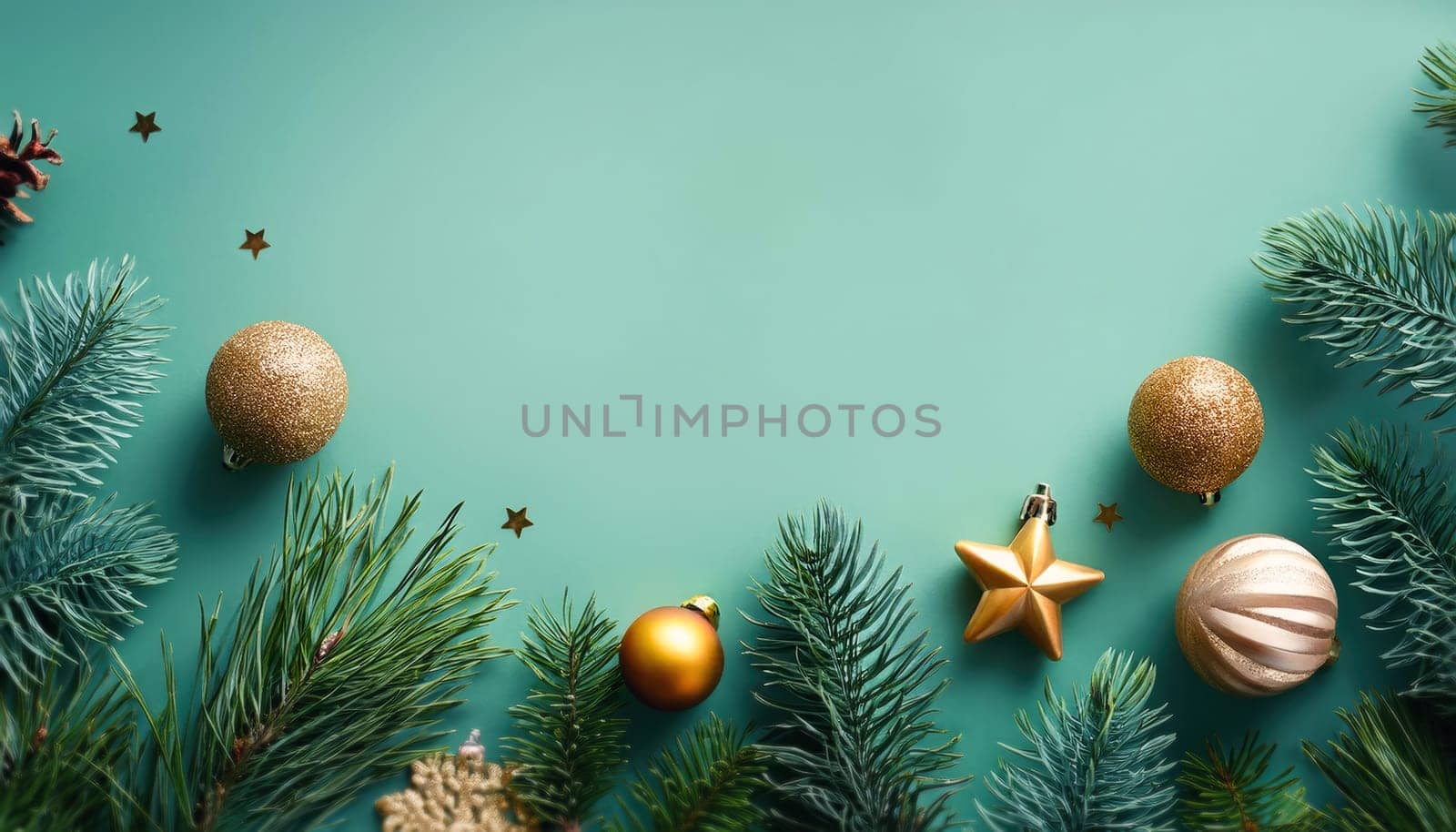 Creative Christmas background with coniferous twigs and decorations on a green table with copy space