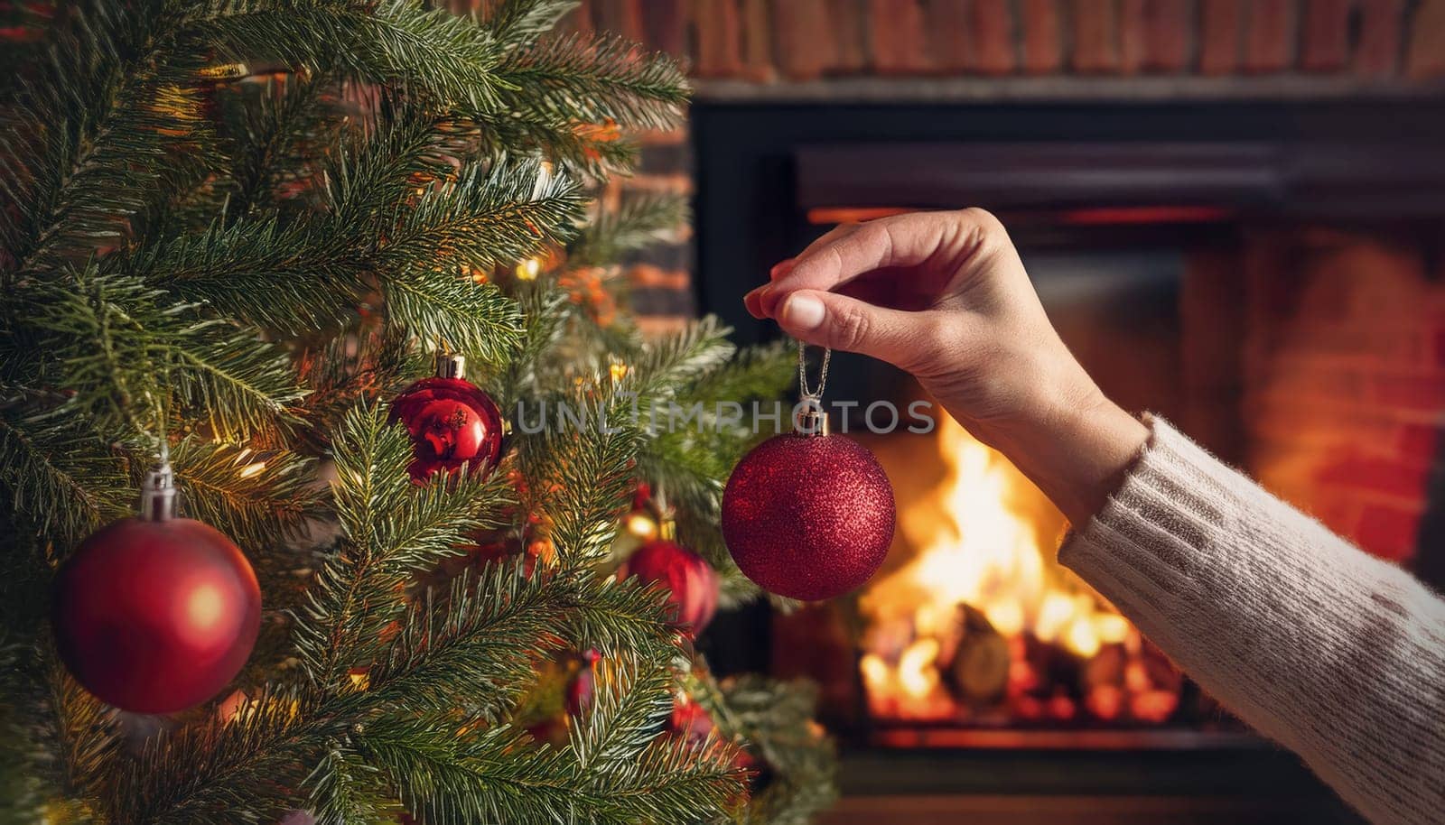 Closeup woman hand hanging a red globe decoration on the Christmas tree in front of fireplace. Winter holidays atmosphere