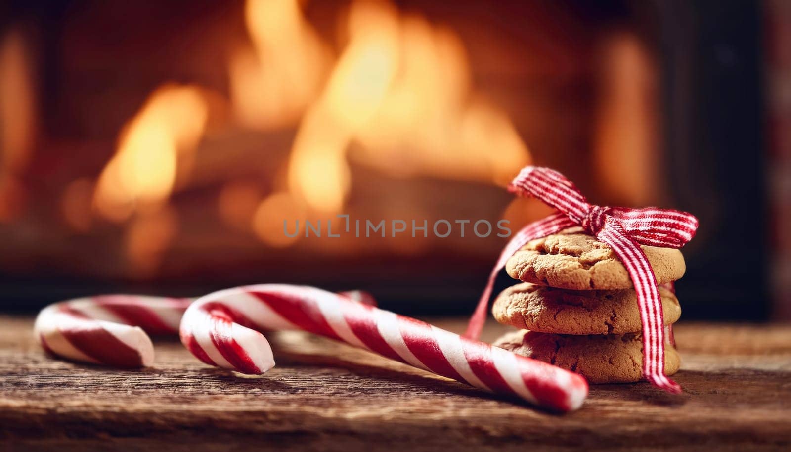 Candy cane and cookies on an old wooden table in front of fireplace. Beautiful Christmas Eve background, cozy and relaxing atmosphere