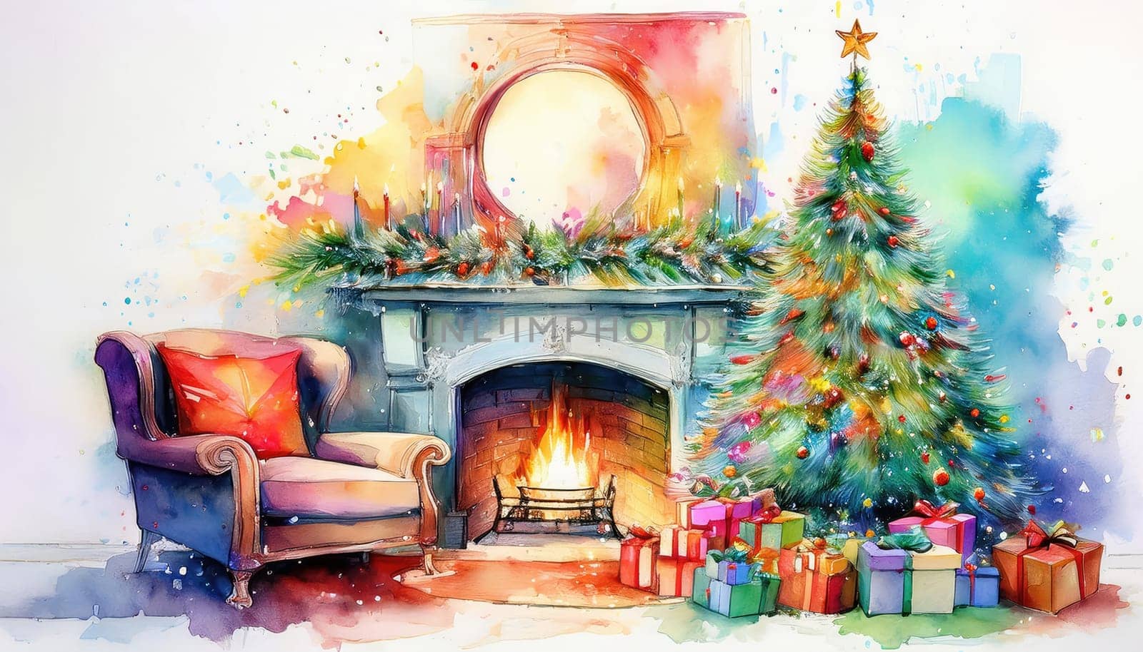Holiday decorated room interior with couch at fireplace and gift boxes under Christmas tree. Colorful watercolor painting