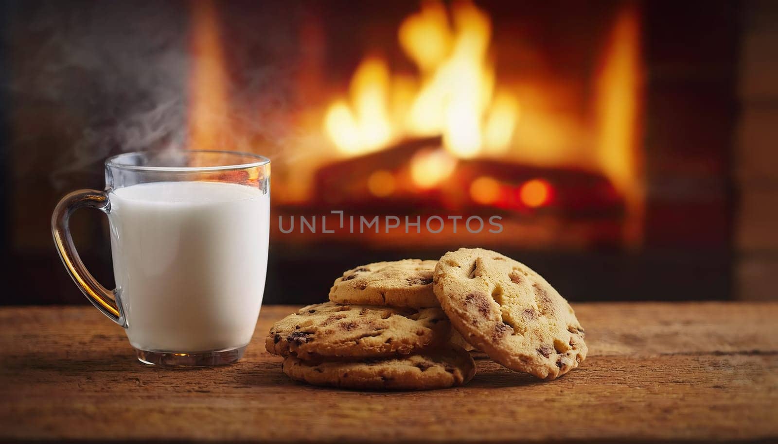 Cookies and hot milk mug on an old wooden table in front of fireplace. Beautiful Christmas Eve background