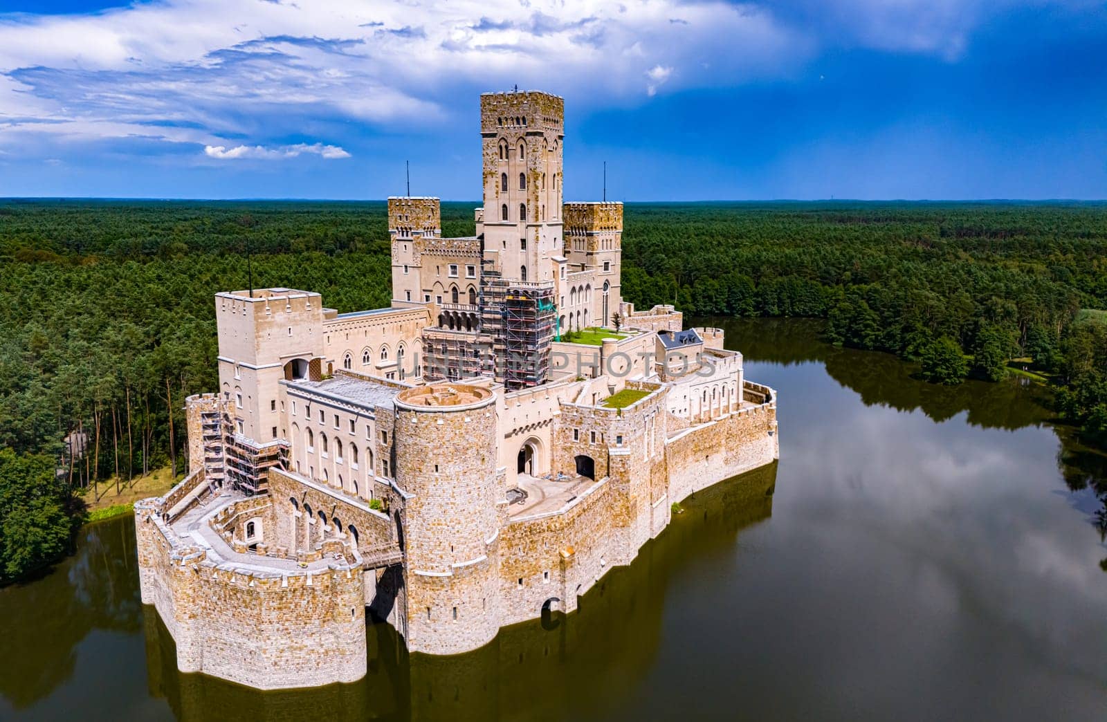 STOBNICA, POL - JUL 14, 2024: Stobnica Castle, a contemporary example of Revivalism, imitating a large medieval castle in Stobnica, Poland.