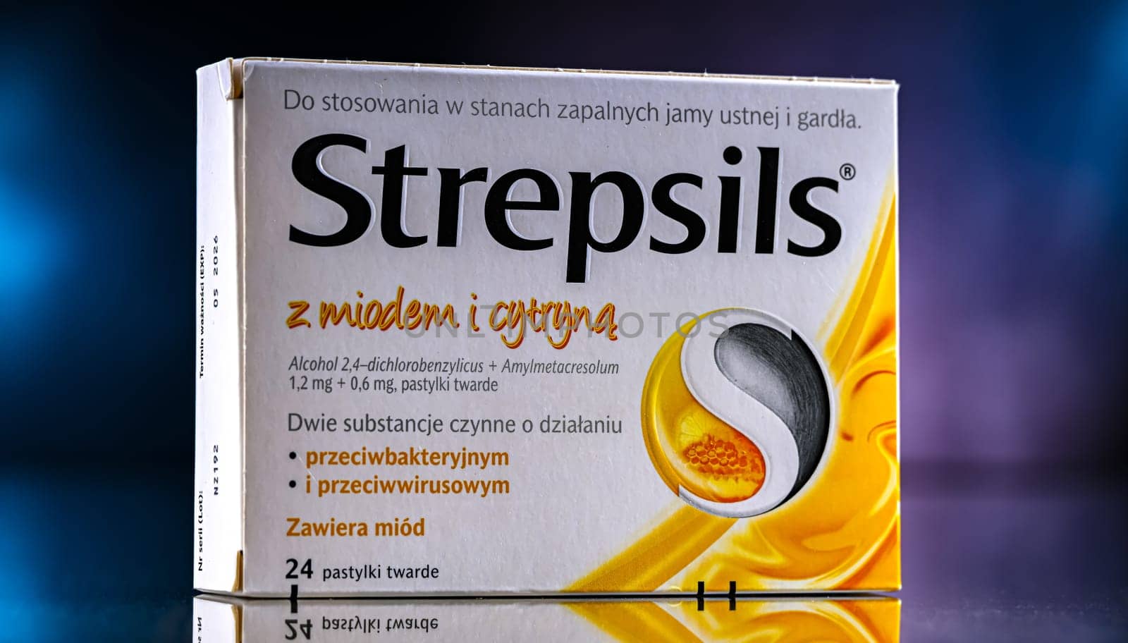 POZNAN, POL - JUN 27, 2024: Package of Strepsils, a brand of throat lozenges manufactured by British-Dutch company Reckitt Benckiser.