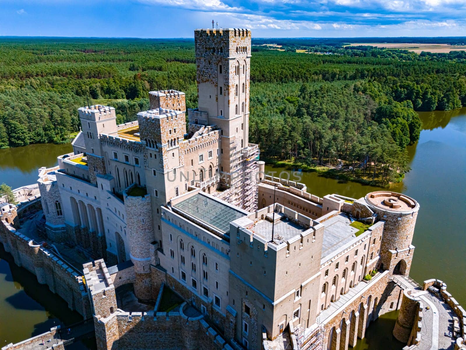STOBNICA, POL - JUL 14, 2024: Stobnica Castle, a contemporary example of Revivalism, imitating a large medieval castle in Stobnica, Poland.