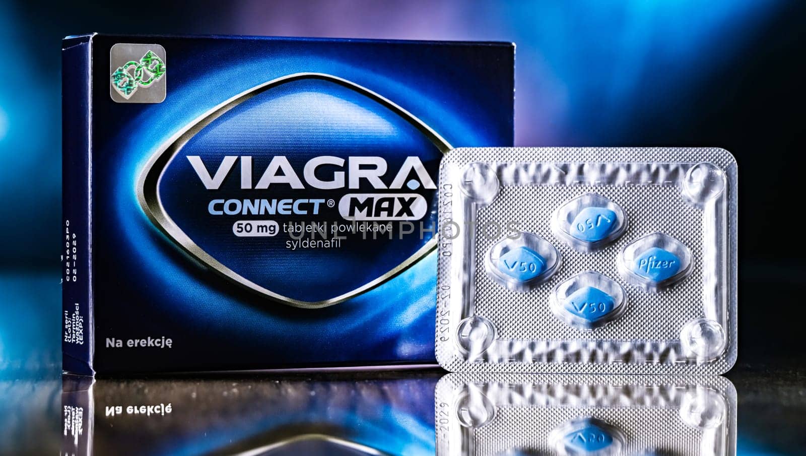 POZNAN, POL - JUN 27, 2024: Package of Pfizer Viagra, a medication used to treat erectile dysfunction and pulmonary arterial hypertension