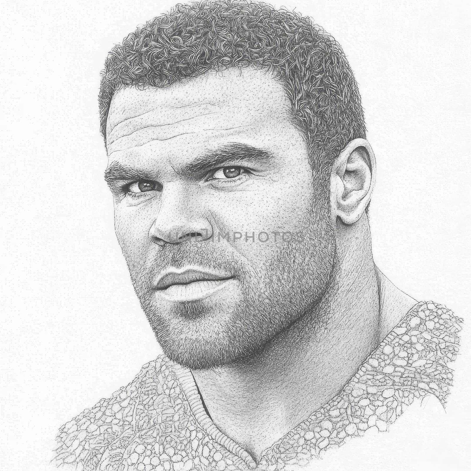 Close-up pencil sketch of a man's face with intense expression and curly hair.