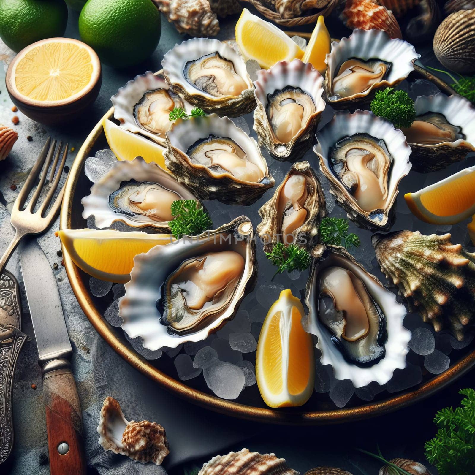Fresh oysters on ice with lemon wedges and herbs on a dark plate, seafood delicacy
