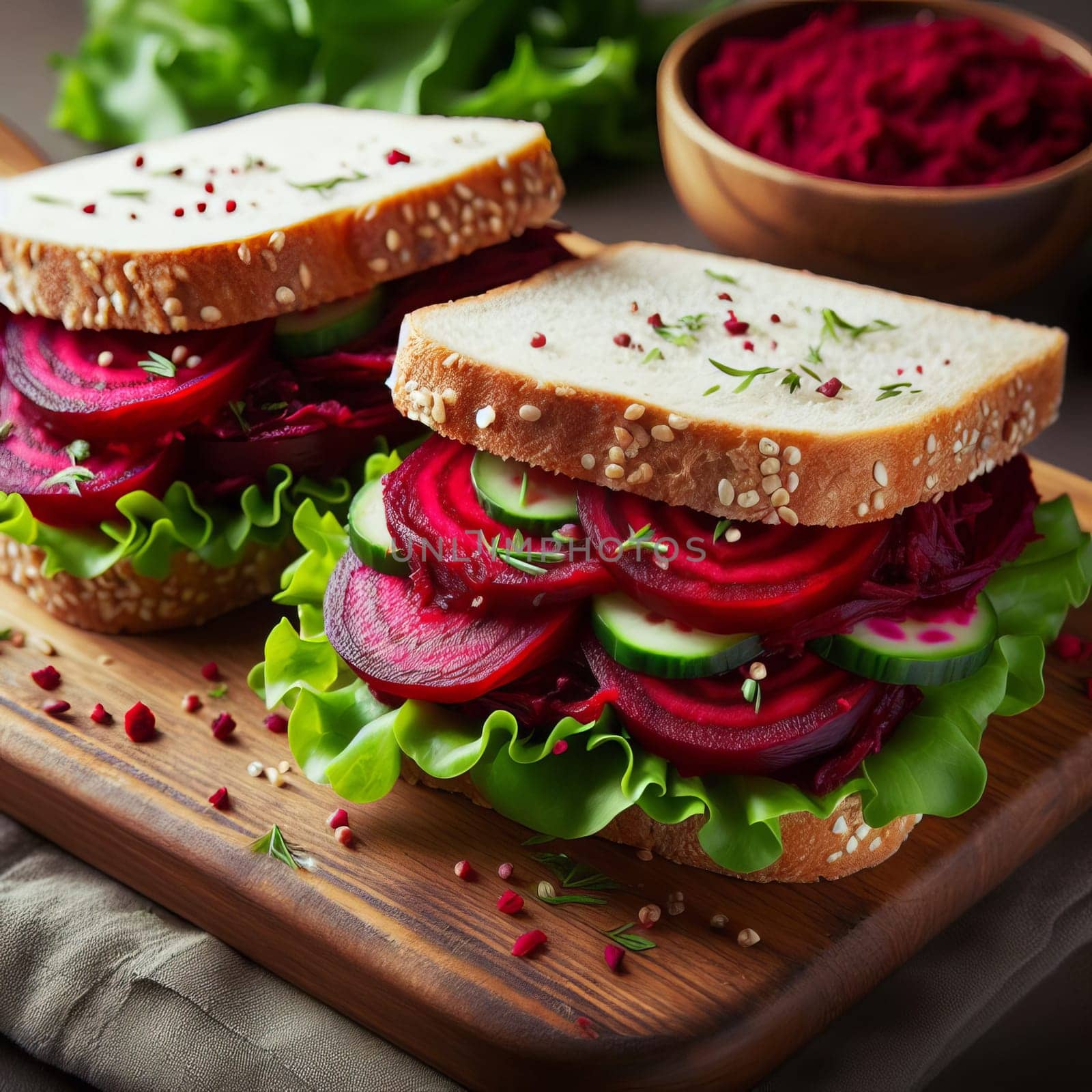 Close-up of a vegetarian sandwich with beetroot, cucumber, lettuce, and cream cheese on a wooden board