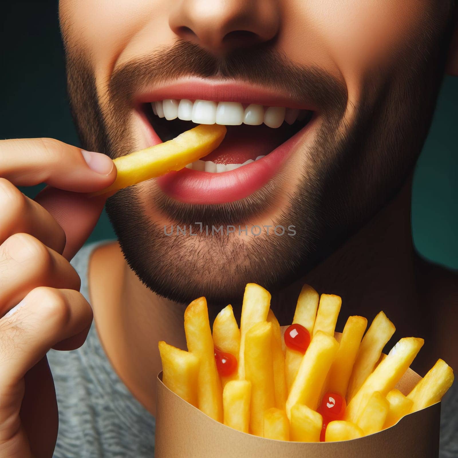 Close-up of a man eating French fries with ketchup, focus on the food, blurred background